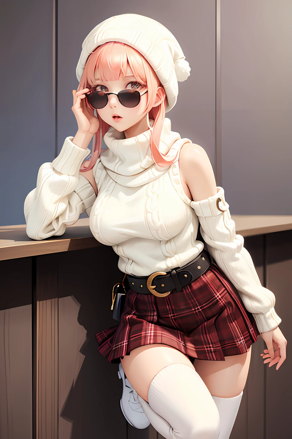 white sweater, aran sweater, cable knit, detached sleeves, plaid skirt, pleated skirt, red skirt, belt, black thighhighs, white footwear, boots crouch low dip low twerking showcasing her swagger  hip hop sunglasses