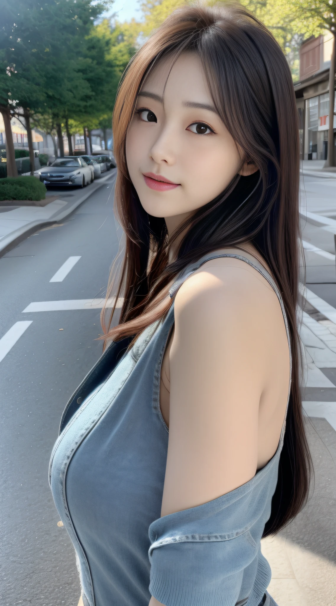 (8K, Raw photo, Best Quality, masutepiece:1.2), (Realistic, Photorealsitic:1.37), Best Quality, 超A high resolution, NFSW Backlit, light  leaks, Dynamic lighting, slim, Smooth skin,  (pureerosface_v1:1), bond, Navel, Kpop Idol, (Beautiful detailed eyes:1),(beautifull detailed face:1),(Freebuff:1.2), Outdoors, ulzzang-6500, 1girl in, Standing, Upper body, (:1.2), ,  from the front side, Front view,  Looking at Viewer, Huge breasts, arms behind back, Street, Sunlight,