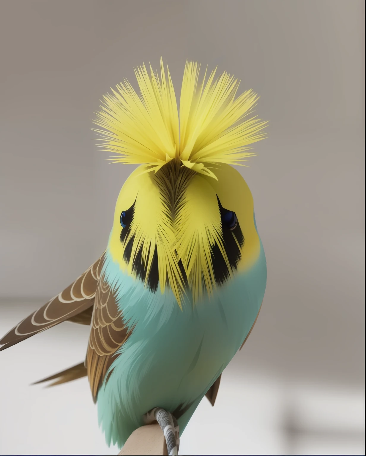 Araffy bird with a yellow mohawk sitting on a perch - SeaArt AI