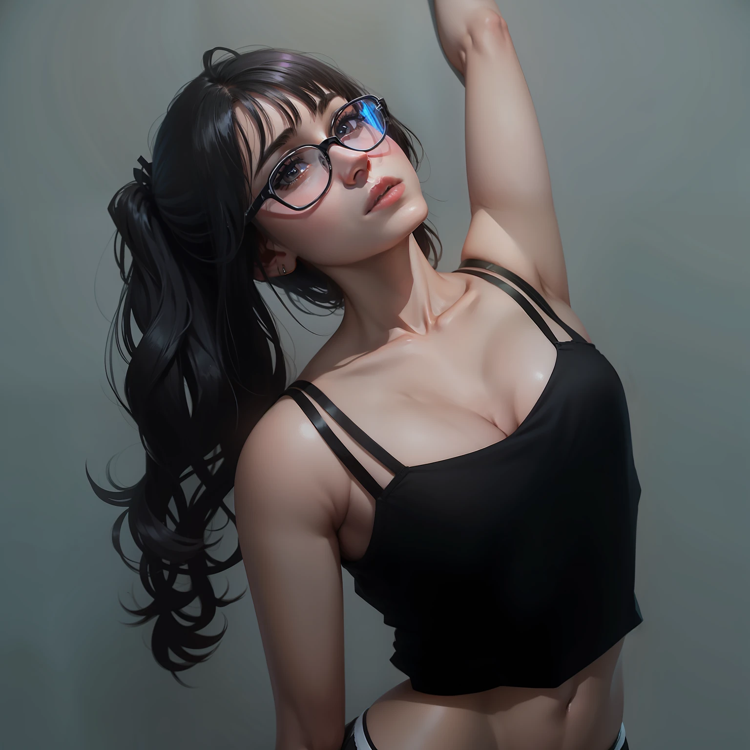 1girl breasts bursting breasts black hair solo glasses popped