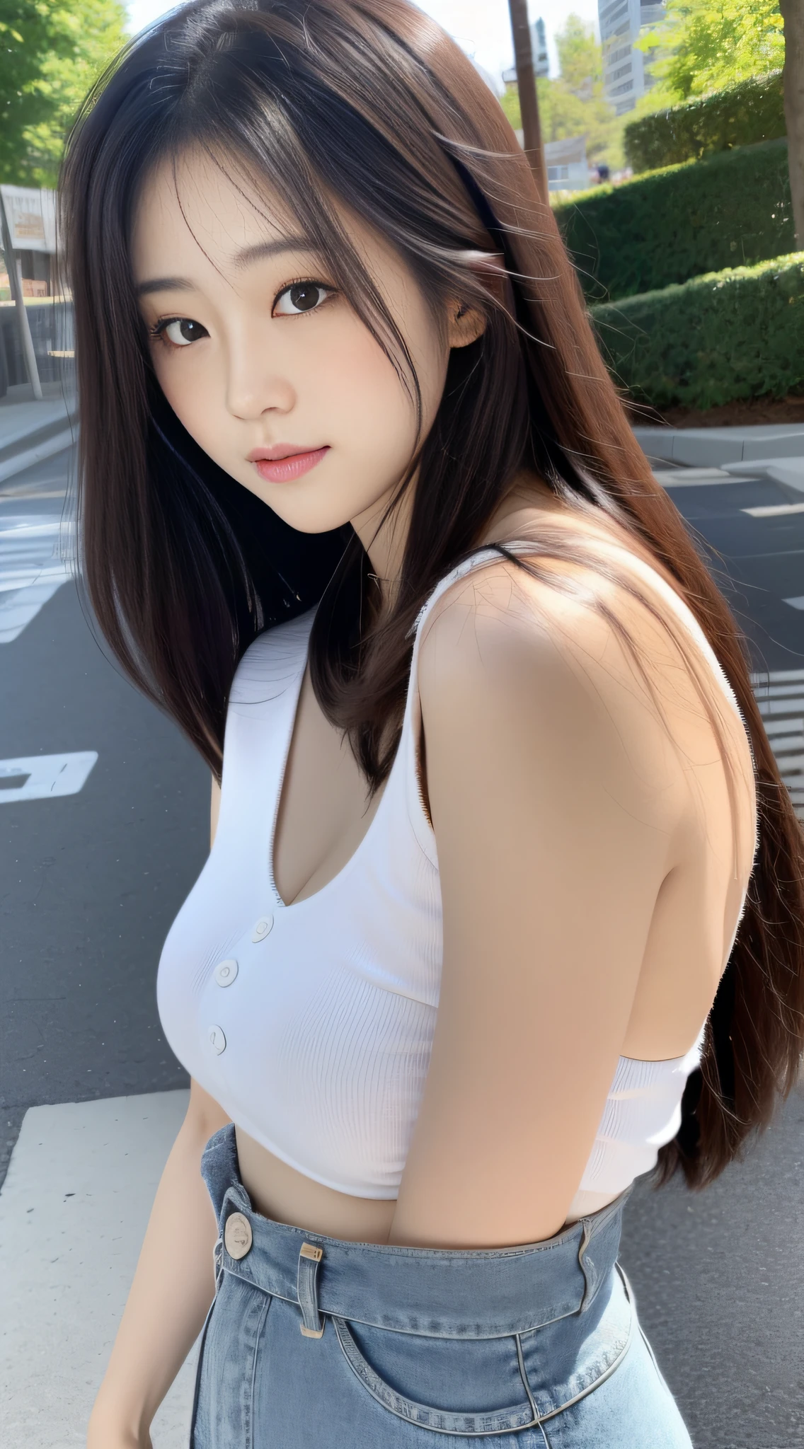 (8K, Raw photo, Best Quality, masutepiece:1.2), (Realistic, Photorealsitic:1.37), Best Quality, 超A high resolution, NFSW Backlit, light  leaks, Dynamic lighting, slim, Smooth skin,  (pureerosface_v1:1), bond, Navel, Kpop Idol, (Beautiful detailed eyes:1),(beautifull detailed face:1),(Freebuff:1.2), Outdoors, ulzzang-6500, 1girl in, Standing, Upper body, (:1.2), ,  from the front side, Front view,  Looking at Viewer, Huge breasts, arms behind back, Street, Sunlight,