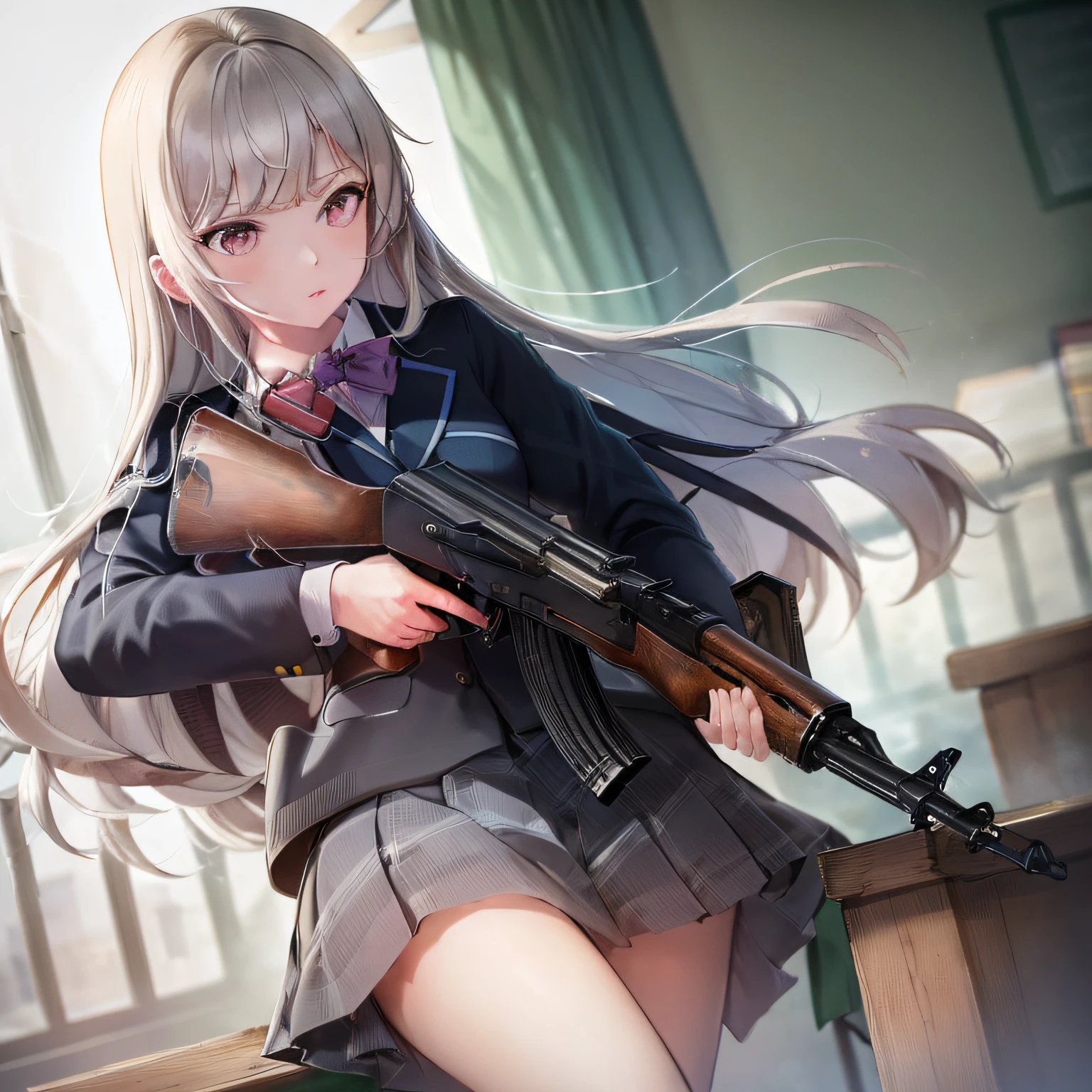 chef-d&#39;œuvre, Meilleure qualité, haute résolution, CG extrêmement détaillé,  1fille, uniforme scolaire, tenant un pistolet, , actuel, Fusil d&#39;assaut, fusil kalachnikov, (visée:1.2), doigt sur la gâchette,