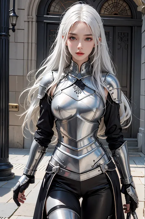 photorealistic, high resolution, 1women, solo, hips up, look at viewer, (detailed face), white hair, long hair, knight armor