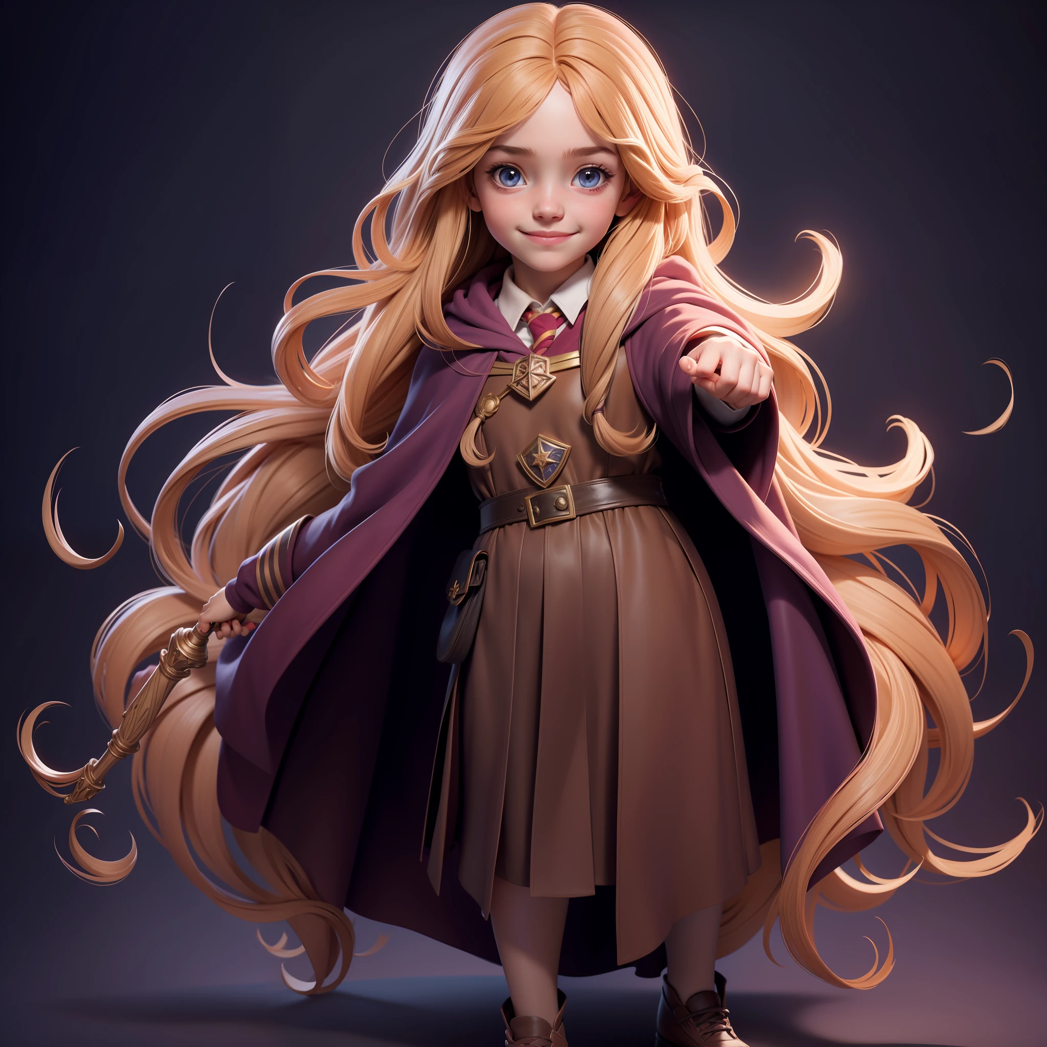 9yo, 1girl, child, solo, Hermione Granger, full body, wand in one hand, solo, robe, beautiful face highly detailed and eyes, beautiful skin, hogwarts, wand 9yo, 1girl, , solo, Hermione Granger, , beautiful skin, smile perfect anatomy, wand
