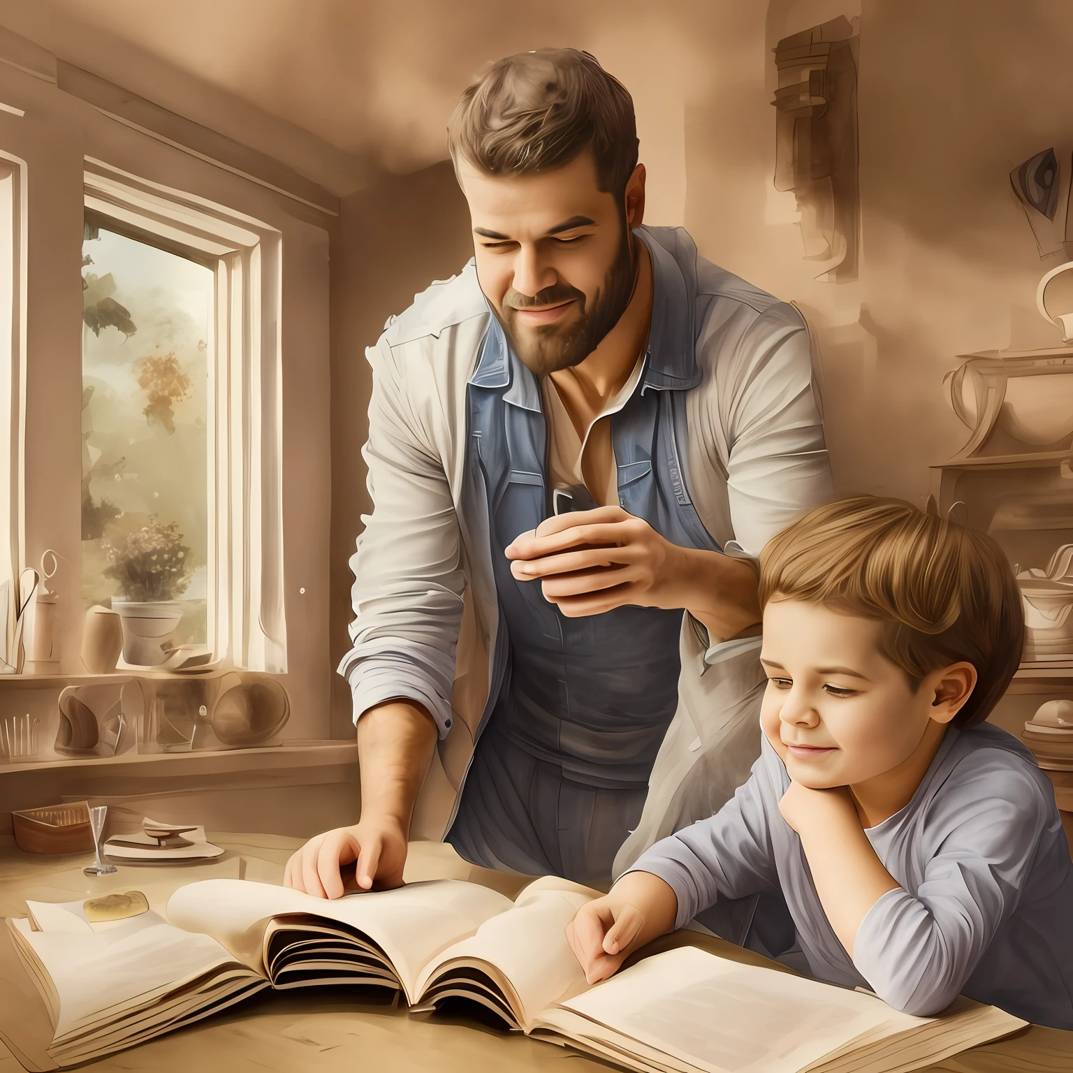 Crear la imagen de Padre e hijo de 15 años de edad, ambos con expresiones de asombro mientras leen el libro. La palabra &quot;iluminación&quot; a menudo se asocia con la miniatura., termo italiano derivado do latino miniare, que significa pintar con minio, un pigmento de color rojo (may correspond to cinnabar, eso es, al sulfuro de mercurio natural[3] o, segundo otras fontes, óxido de plomo). Una miniatura designa, en sentido amplio, la representación de una escena o un personaje en un espacio independiente de la letra inicial (capitular) do manuscrito .[4] El término fue influenciado semánticamente por la noción de &#39;pequeña dimensión&#39;., expresada en latim por minor, óris, menos ("menor") y mínimo ("pequeña cantidad"). El arte de los pueblos bárbaros, que conquistaron Occidente y se convirtieron al cristianismo, Portable era, basada en objetos pequeños. Así, segundo Hoaiss, The term spread throgh French and English, en el siglo XVI, con predominio de significado "Representación en pequeñas dimensiones".