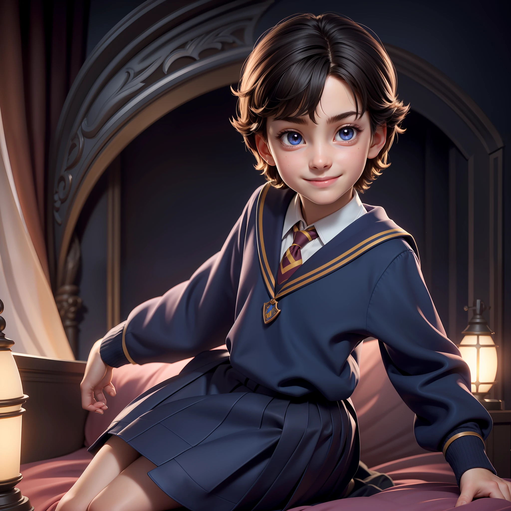 9yo, 1boy, child, solo, Harry Potter, full body, solo, school uniform, beautiful face highly detailed and eyes, beautiful skin, bed room, shiney solar lighting, 9yo, 1girl, , solo, Harry Potter, , beautiful skin, smile perfect anatomy, shiney solar lighting