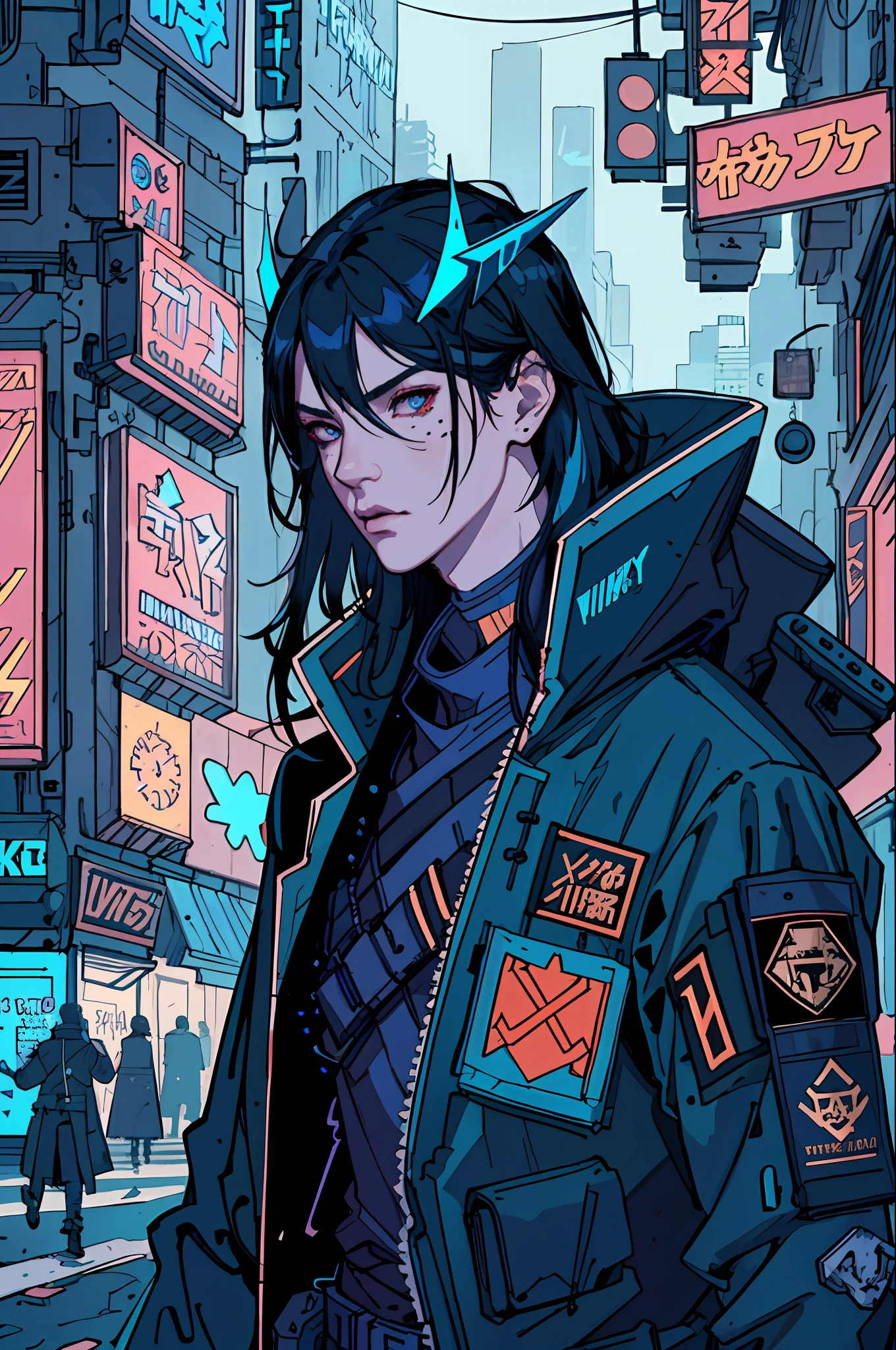 by josan gonzalez,masterpiece, (1man), (half body), tall young man, ((male focus)), tall mature guy, long black hair, neon blue horns, pale skin, scarlet eyes, moles, , sparks, particles,cyberpunk, cyborg, looking_at_viewer,, fortified suit,long black coat, black plugsuit, solo, standing, symmetrical eyes, eyeshadows, detailed face and eyes, dynamic lighting, cinematic lighting, volume lighting, ultra high resolution, cyberpunk, night cyberpunk city with neon lighting, futobot,  modelshoot style, (extremely detailed CG unity 8k wallpaper), professional majestic oil painting by Ed Blinkey, Atey Ghailan, Studio Ghibli, by Jeremy Mann, Greg Manchess, Antonio Moro, trending on ArtStation, trending on CGSociety, Intricate, High Detail, Sharp focus, dramatic, photorealistic painting art by midjourney and greg rutkowski