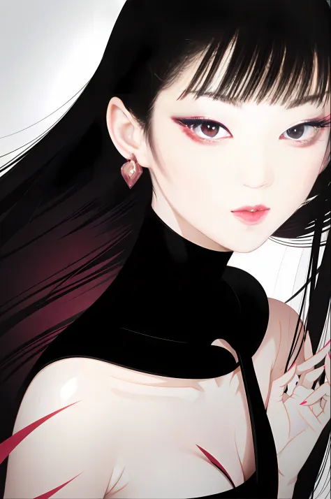tsuruta ichiro, Narrow-eyed, 1girl in, Allback、deadpan、short-hair、shorth hair、brow、Reluctance、A dark-haired、Tucked Hair Solo, Cowgirl, Onepiece,  ((mideum breasts)),  Thin slit eyes、Black eyes, Light shines on the eyes、Black hair, gloves, Dress,  Luxurious...