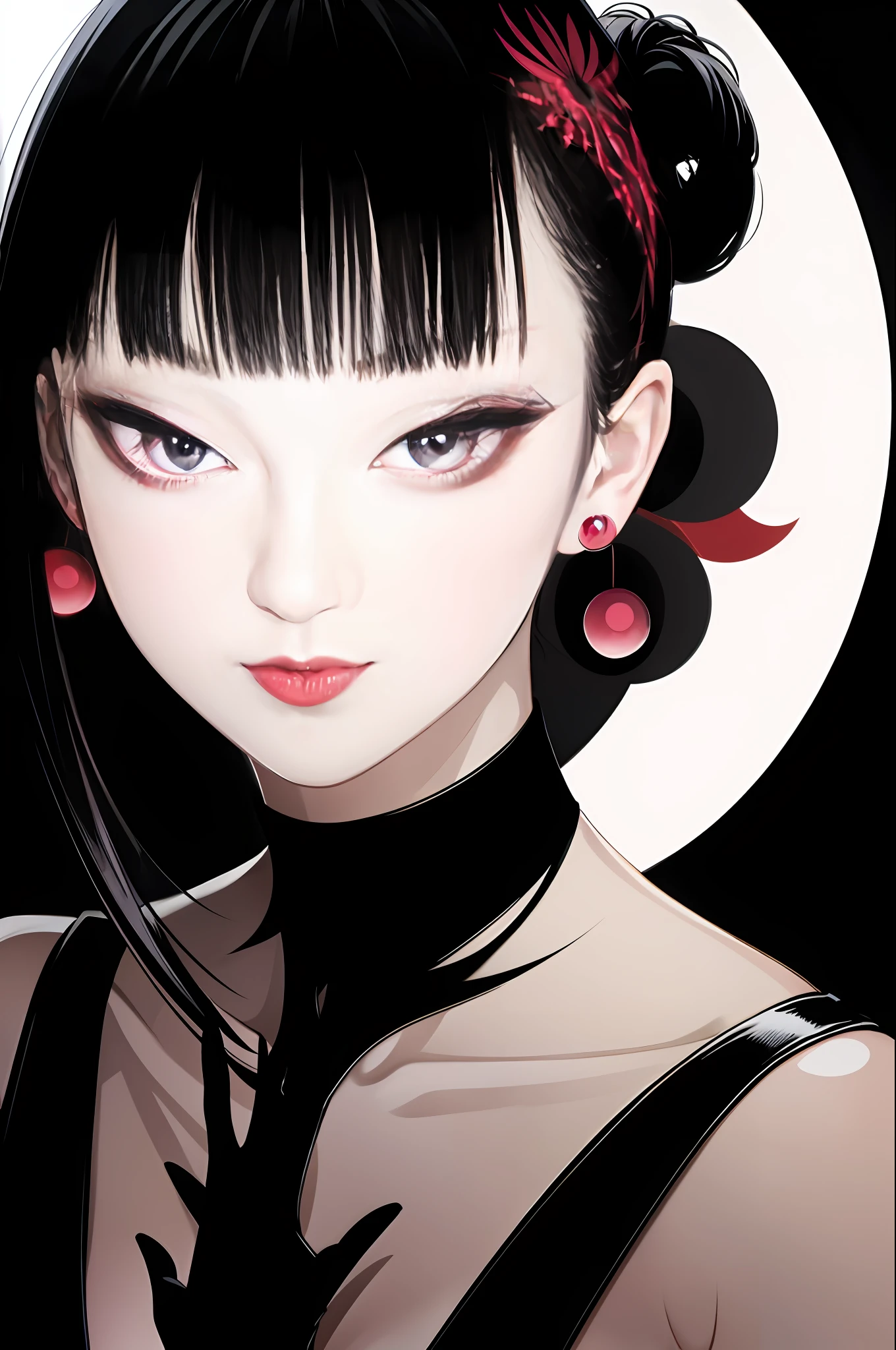 tsuruta ichiro, Narrow-eyed, 1girl in, Allback、deadpan、short-hair、shorth hair、brow、Reluctance、A dark-haired、Tucked Hair Solo, Cowgirl, Onepiece,  ((mideum breasts)),  Thin slit eyes、Black eyes, Light shines on the eyes、Black hair, gloves, Dress,  Luxurious Jewelry, earrings, sharp eye、 elbow groves,Raise your hands and tie your hair back, random color, random color dress,  Makeup for long eyes, Slender eyes、lip stick, Complex petal pattern, Rim Light, Back Light, pastel color,Studio Lighting