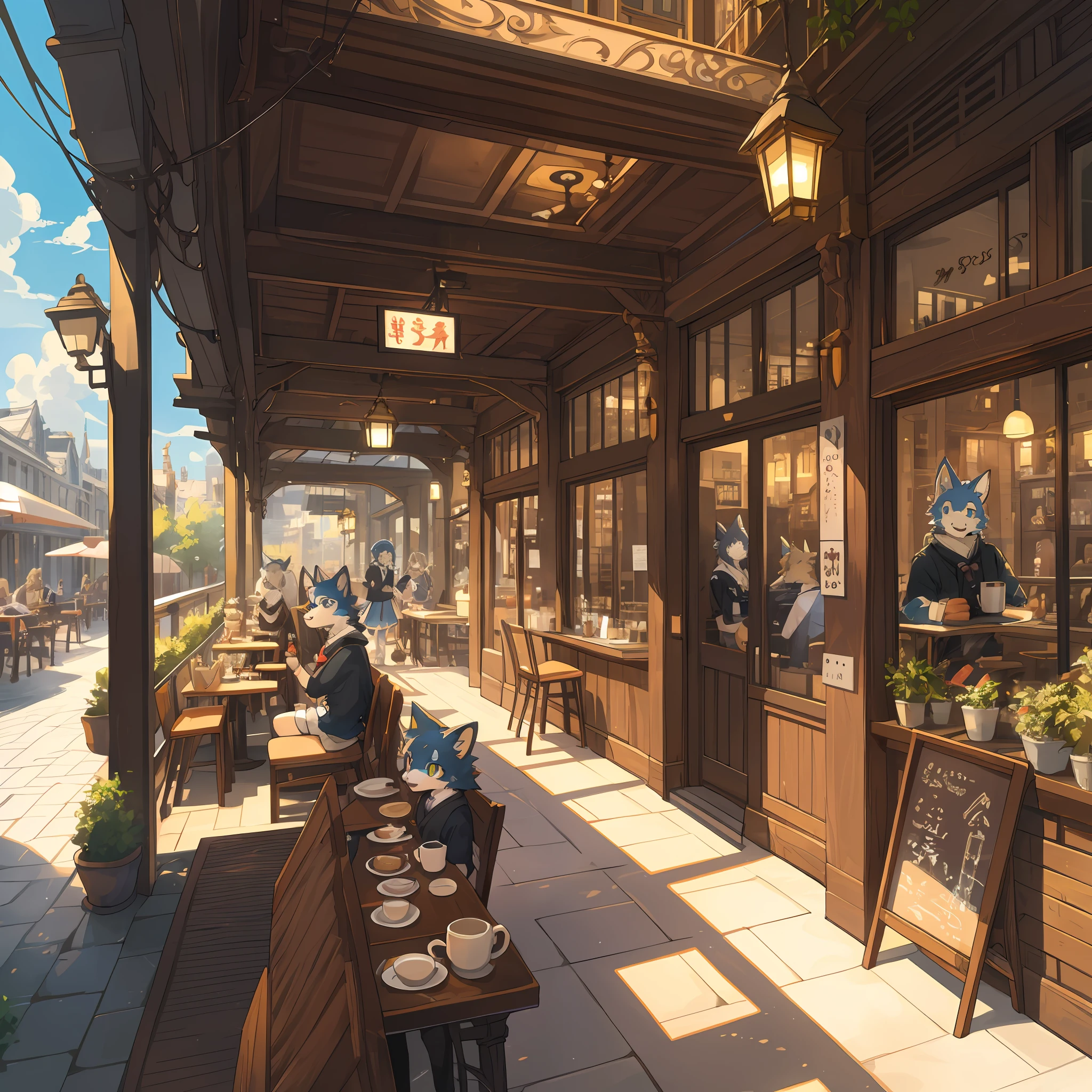top quality, best quality, High-quality illustrations, masterpiece, super high resolution, detailed background, detailed background, cafe, Terrace, drink, coffee, staff, 6+boys, 6+girls, absurdres(highly detailed beautiful face and eyes)perfect anatomy, expression, good lighting, cinematic shadow(kemono, furry anthro),