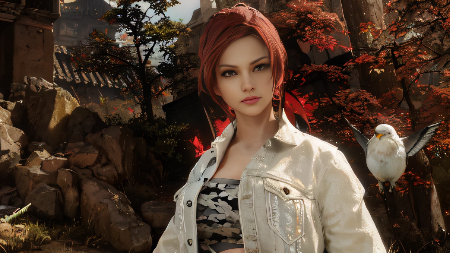 Em frente à parede de pedra, uma mulher com um pássaro, Estilo de jogo da Square Enix, morto ou vivo 6, Novo personagem, Como personagem de Tekken, 8 mil. detalhes do personagem, hints of Yaoi Kasuma, Captura de ecrã do jogo mod, Personagem feminina, jogo cg, personagem altamente detalhado, Yaoi Kasuma, personagem de jogo de luta