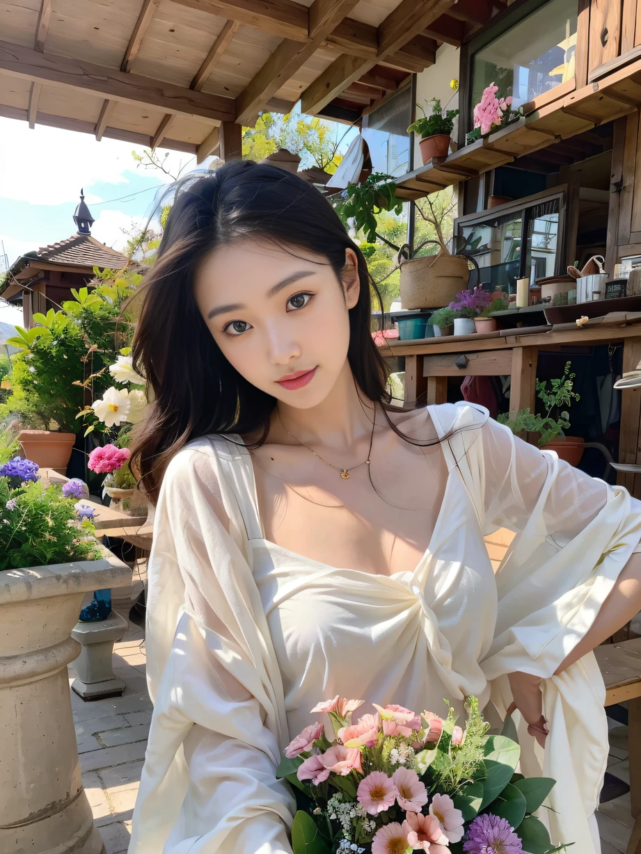 ，Masterpiece, Best quality，8K, 超高分辨率，Reallightandshadow，(beautidful eyes:1.1)，Beautuful Women，Summer clothing，bunch of flowers