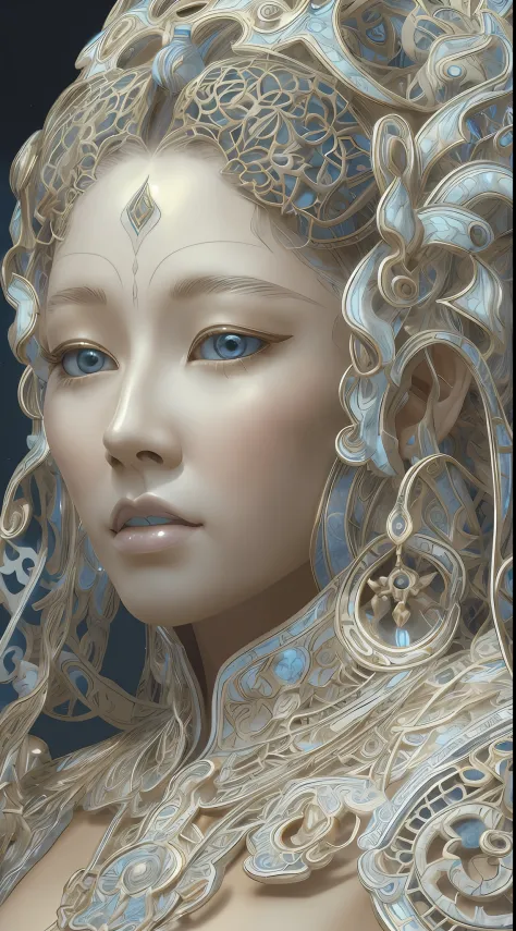 best qualtiy，tmasterpiece，超高分辨率，（realisticlying：1.4），absurderes，（Eye focus），（sface focus, Clear facial features），Complex 3d rendering of beautiful and charming biomechanical female porcelain figures，(((Has a porcelain finish)))、simulating、Beautiful natural...