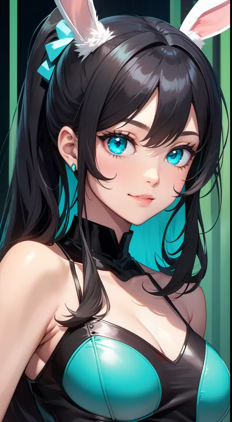 Adult woman, Long black hair, high ponytail, bunny ears, turquoise eyes, Black tight top, ssmile, Masterpiece, hiquality