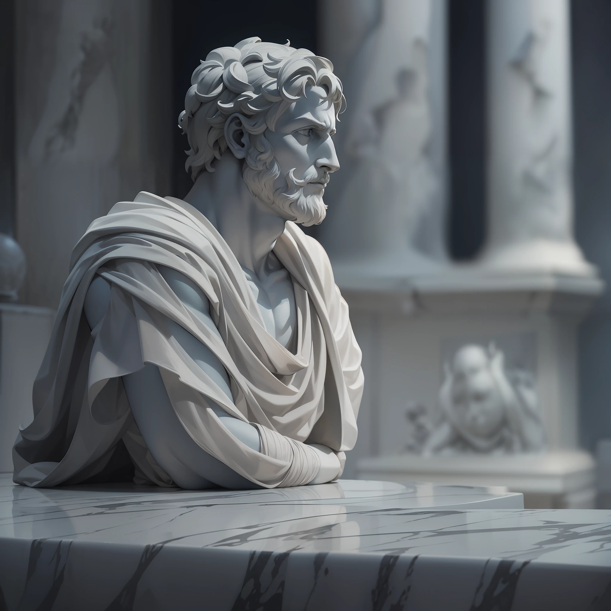 A realistic Greek white marble statue of Marcus Seneca thoughtful detailed wearing a ghostly toga, fundo neutro, Moody, , fotorrealista, thoughtful movie dinner, super detalhada, hiper realista, luzes brilhantes, 8 K