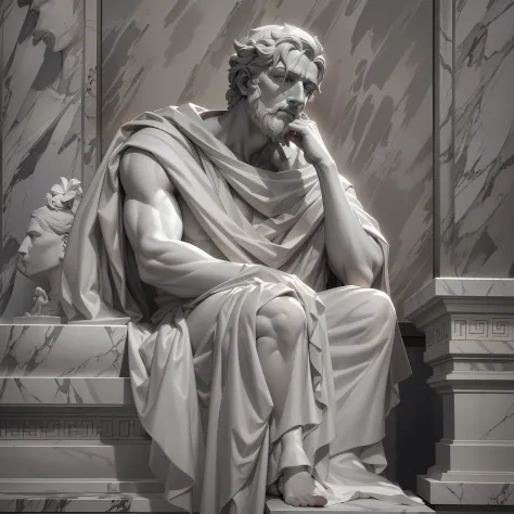 A realistic Greek white marble statue of Marcus Seneca thoughtful detailed wearing a ghostly toga, fundo neutro, Moody, , fotorr...