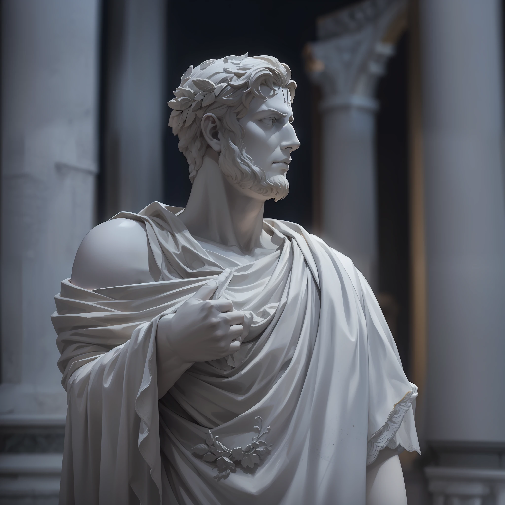 A realistic Greek white marble statue of Marcus Epietus thoughtful detailed wearing a ghostly toga, fundo neutro, Moody, , fotorrealista, thoughtful movie dinner, super detalhada, hiper realista, luzes brilhantes, 8 K