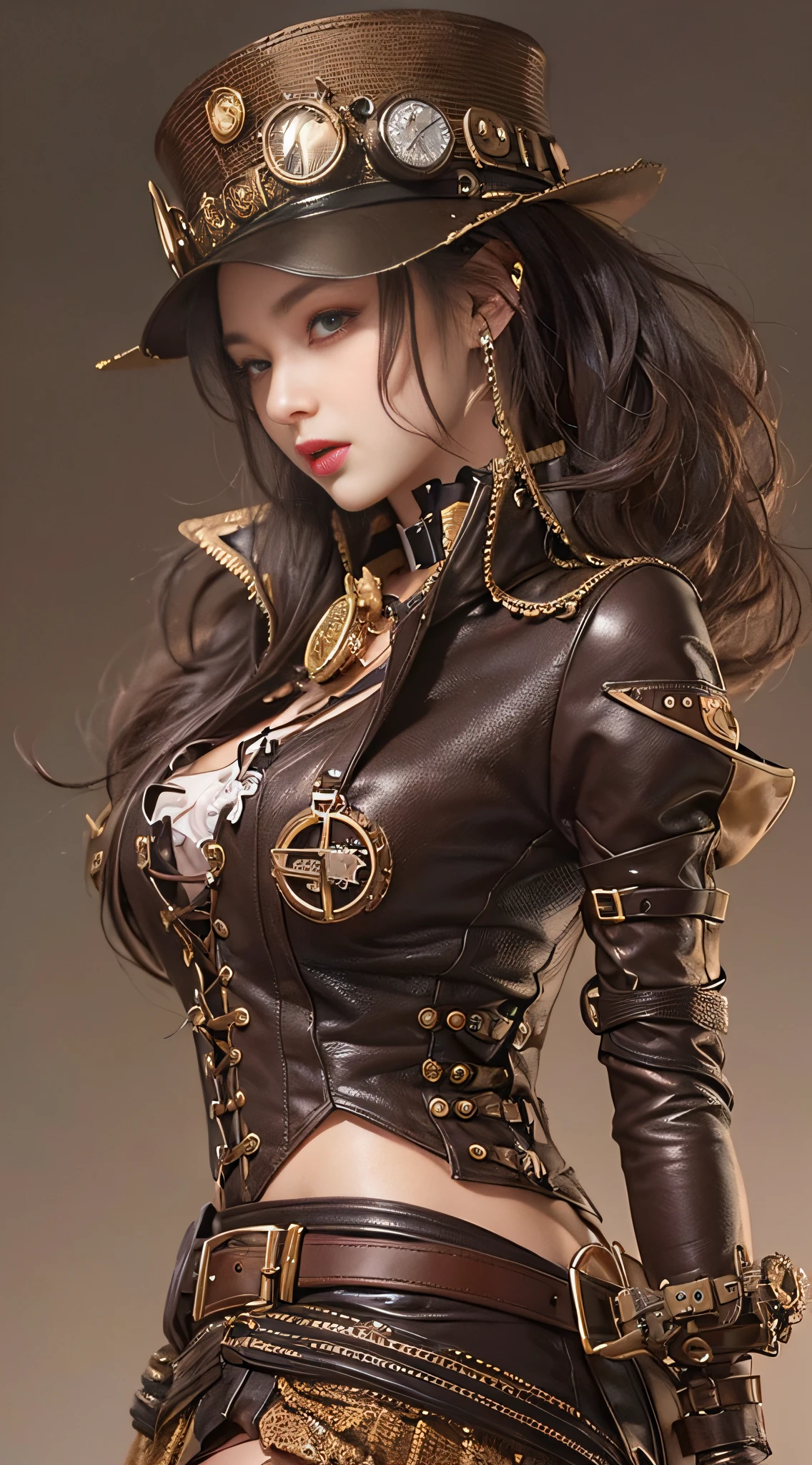 Alafe em traje de couro posando para foto、cinta-liga、(Burberry Xadrez Teampunk Garota Pin-Up、Garotas steampunk、steampunk linda mulher anime、(figura altamente detalhada)、Linda Deusa do Steampunk、steampunk ciberpunk、Vestindo fantasias steampunk、usando um vestido steampunk detalhado、Retrato em close-up、garota inventora steampunk、