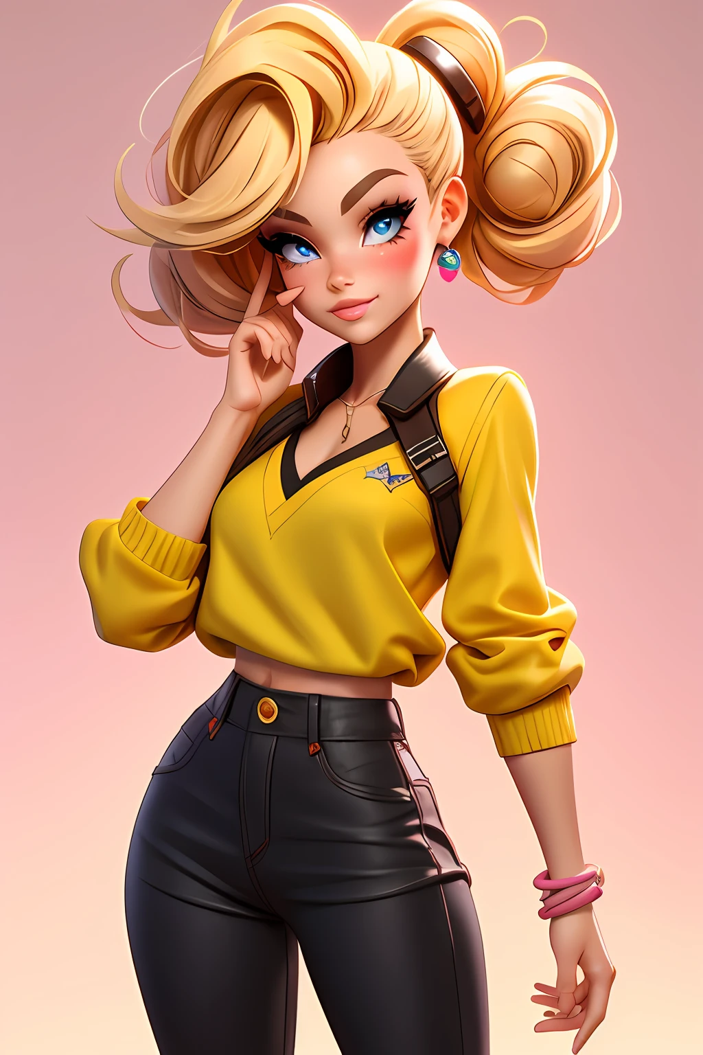 3DCHARACTER, 1 , adult  woman, freckles, hazelnut eyes, Frohawk blond, Jammers, (fully body: 1.2), simple background, Masterpiece artwork, best qualityer, (gradient background) Happy blonde hair, pastel hues, Barbie fashion style, artistation