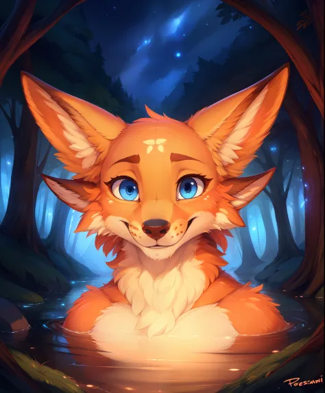 a beautiful and detailed portrait of mylar, orange body, canid, outside, forest, nude, ((glowing body)),dark,night,,, [by dagasi|ancesra:0.5], (by foxovh|by personalami), (by einshelm|by tom_fischbach)], blue eyes,smile,solo