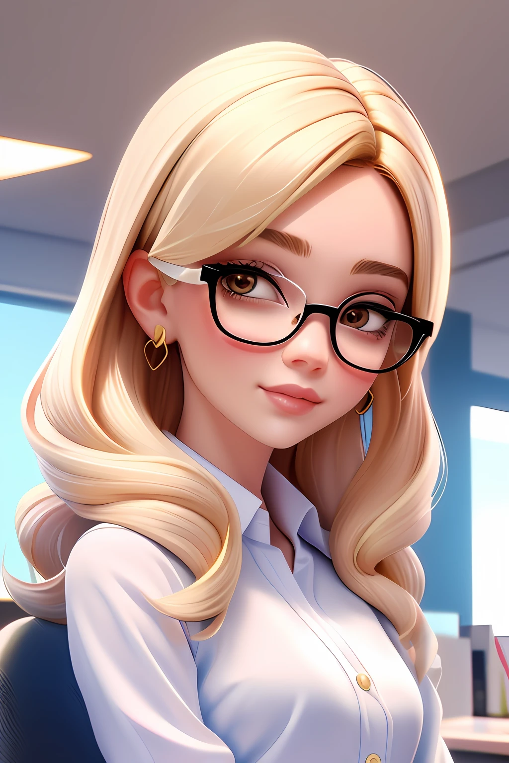 1 , adult  woman, freckles, hazelnut eyes, (fully body: 1.2), simple background, Masterpiece artwork, best qualityer, (gradient background) Happy blonde hair, pastel hues, shorth hair, light blonde, working in an office, executive, intellectual