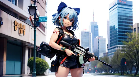 Cirno, blue hair, muscular, tattoos, ukrainian flag background, (masterpiece), beautiful, jewelry, smug face, holding M4A1 assault rifle, 3/4 pose, full height, leather outfit