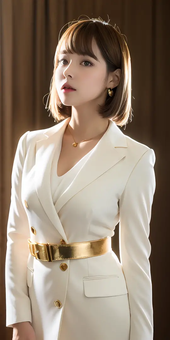 1人, Solo, Portrait of British golden girl in tunic white blazer dress, Gold belt，Delicate makeup， Details, Realistic, Photograph...