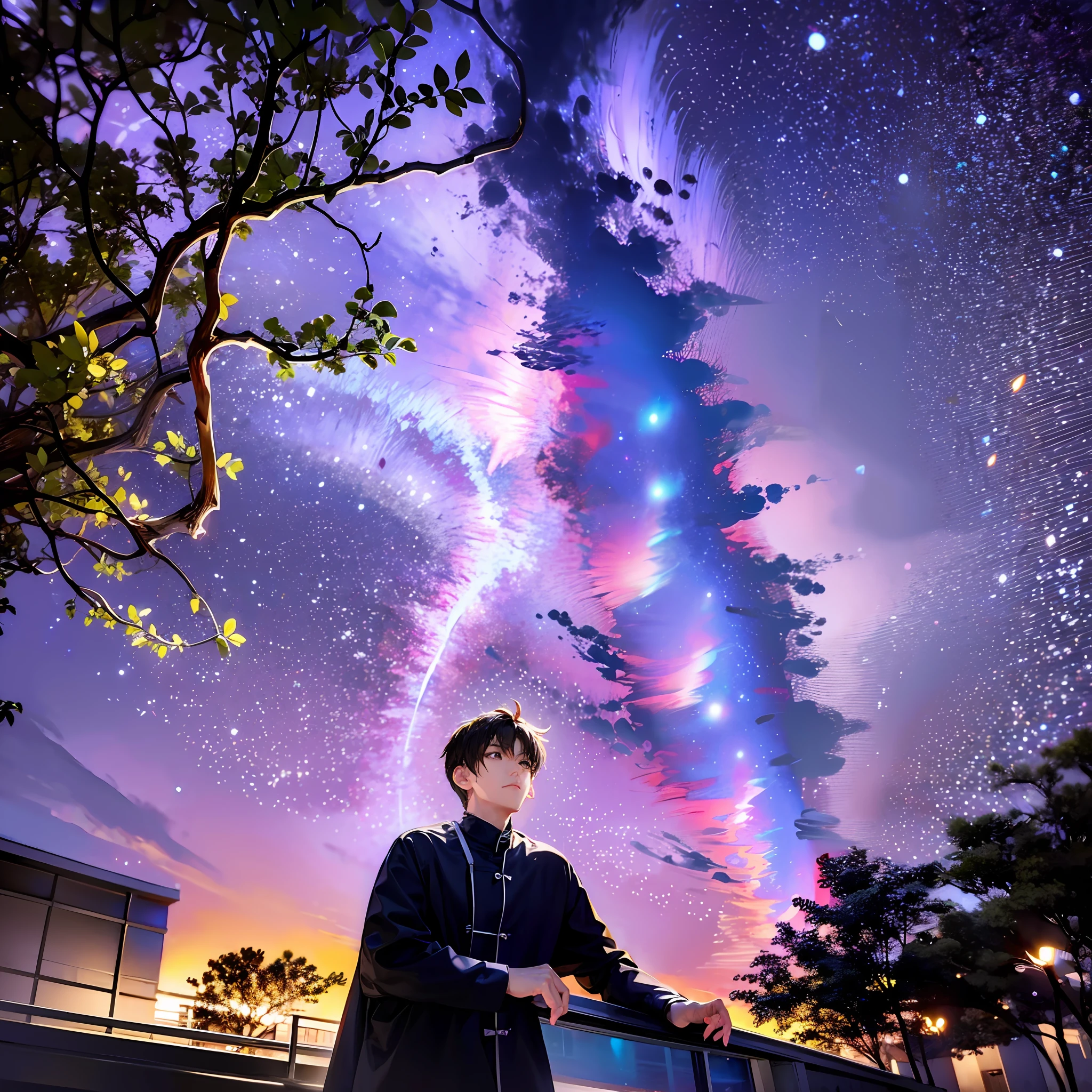 (A boy in a doctor coat sits on a chair atop a hostel roof) overlooking the mesmerizing night sky adorned with (glowing stars, galaxies, and the Octans constellation). The scene is enhanced by the presence of a (radiant blue moon). There is moon light . There are large tall green trees. Boy is looking atthe sky. octans, sky, star (sky), scenery, starry sky, night, night sky, solo, outdoors, building, cloud, milky way, sitting, tree, city, silhouette, cityscape