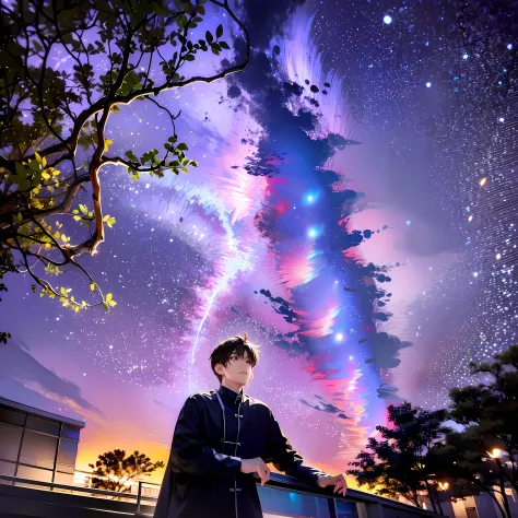 (A boy in a doctor coat sits on a chair atop a hostel roof) overlooking the mesmerizing night sky adorned with (glowing stars, g...