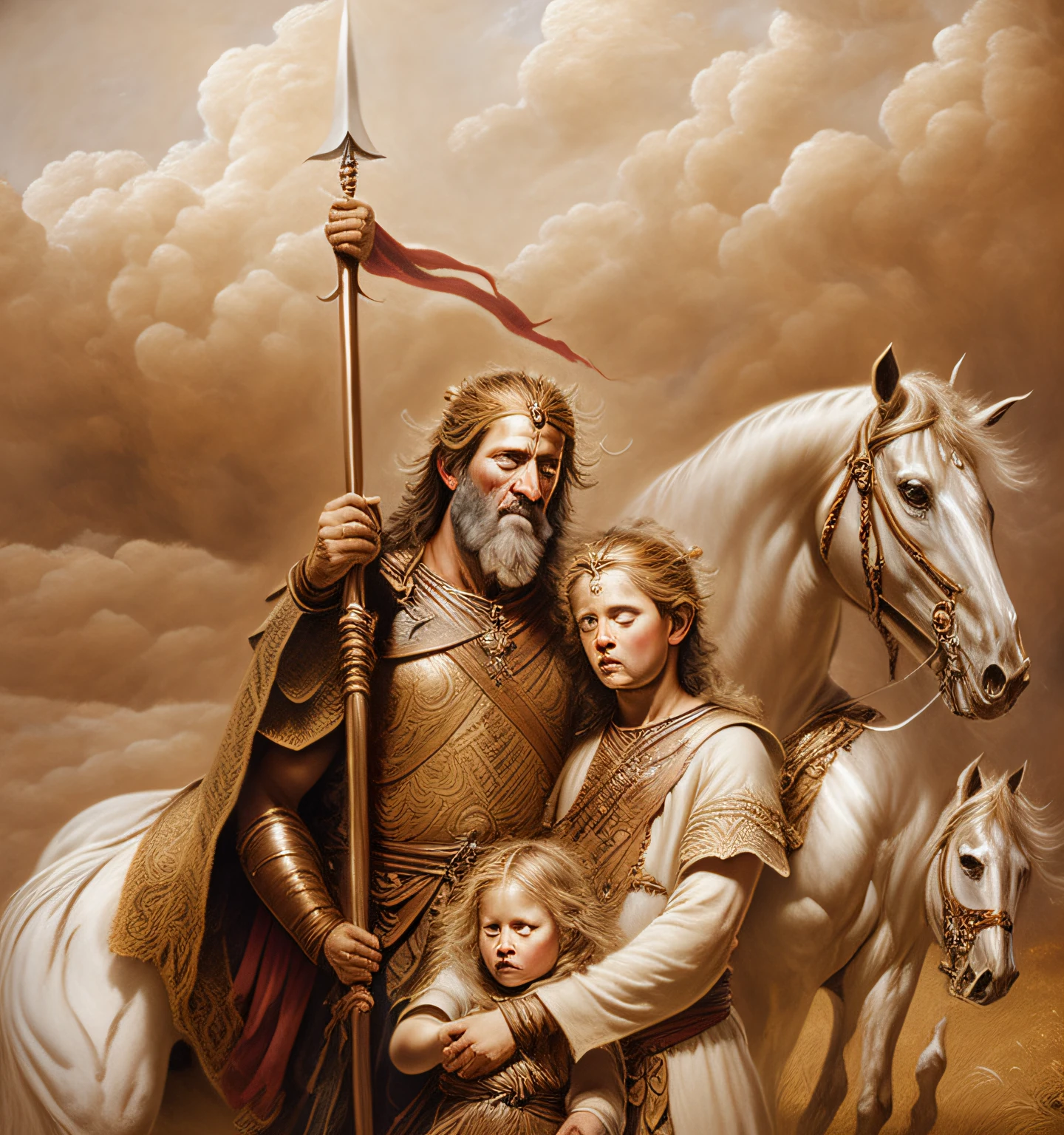 Painting of a man with a sword and two children on a horse - SeaArt AI