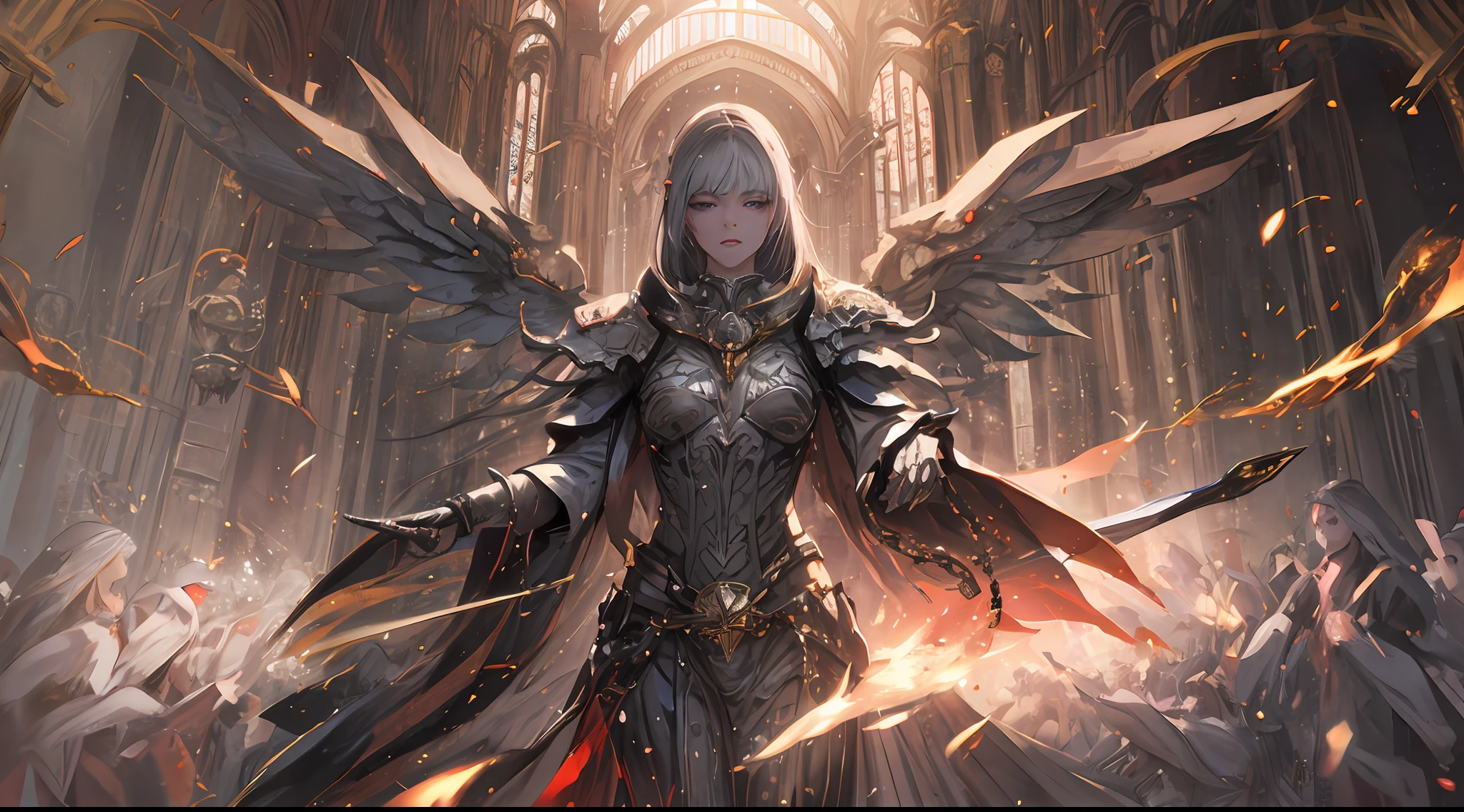 One lady、Angel wings、Cinematic lighting、Textured skin, goddes、full bodyesbian、With a sword in one hand、Stand watch the viewer、various burning chains around her、((detailed flawless face)))、beautiful countenance、seductive body、tall body、Mature body、pink back ground、BREAK Burning Aura、Dazzling pink sparks、Sexy Body Blake、detaileds、realisitic、4K highly detailed digital art、octan render、bio luminescent、Concept art in break 8K resolution、真实感、Mappa Studio、​masterpiece、top-quality、Official Art、illustratio、Ligne Claire、(cool_color)、perfect-composition、absurderes、Fantasia、focus、thirds rule、