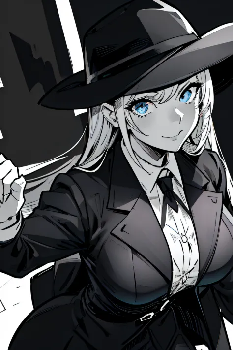 anime character dressed in black hat and black suit, noir detective and a fedora, digital art from danganronpa, ashe, marisa kir...