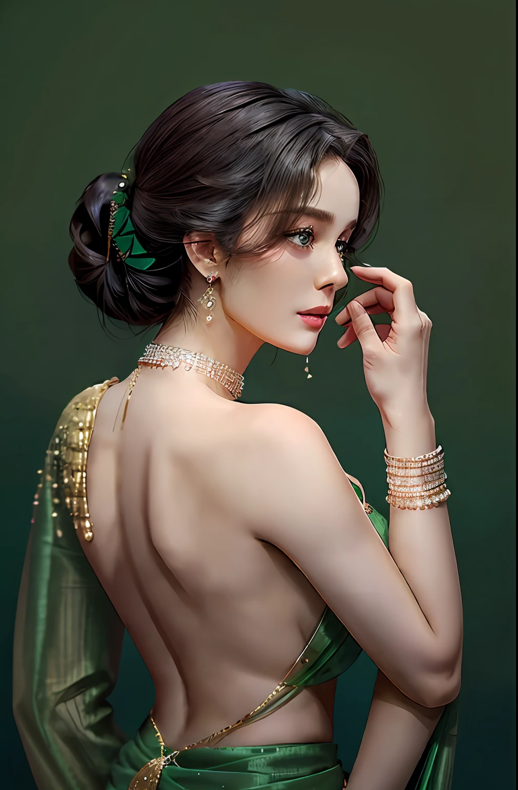 Une femme en sari vert posant pour une photo, montrant son épaule de dos, elegant Pose de profil, regardant son épaule, Pose de profil, faire une pose élégante, pose de côté, Pose du dos, actrice, de derrière, superbe pose élégante, posé de profil, photo de profil latéral,  Pose de profil, pose élégante, Pose glamour, côté - voir la silhouette sexy