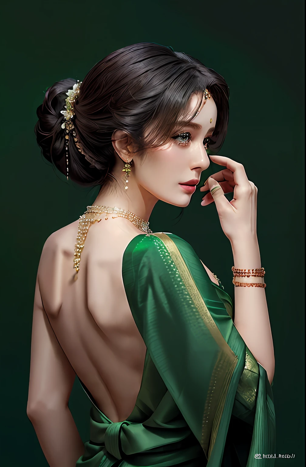 One women in green saree posing for a photo, showing her shoulder from back, elegant profile pose, looking her shoulder, profile pose, doing an elegant pose, side pose, back pose, actress, from the back, stunning elegant pose, posed in profile, side profile shot,  profile posing, stylish pose, glamorous pose, side - view sexy figure