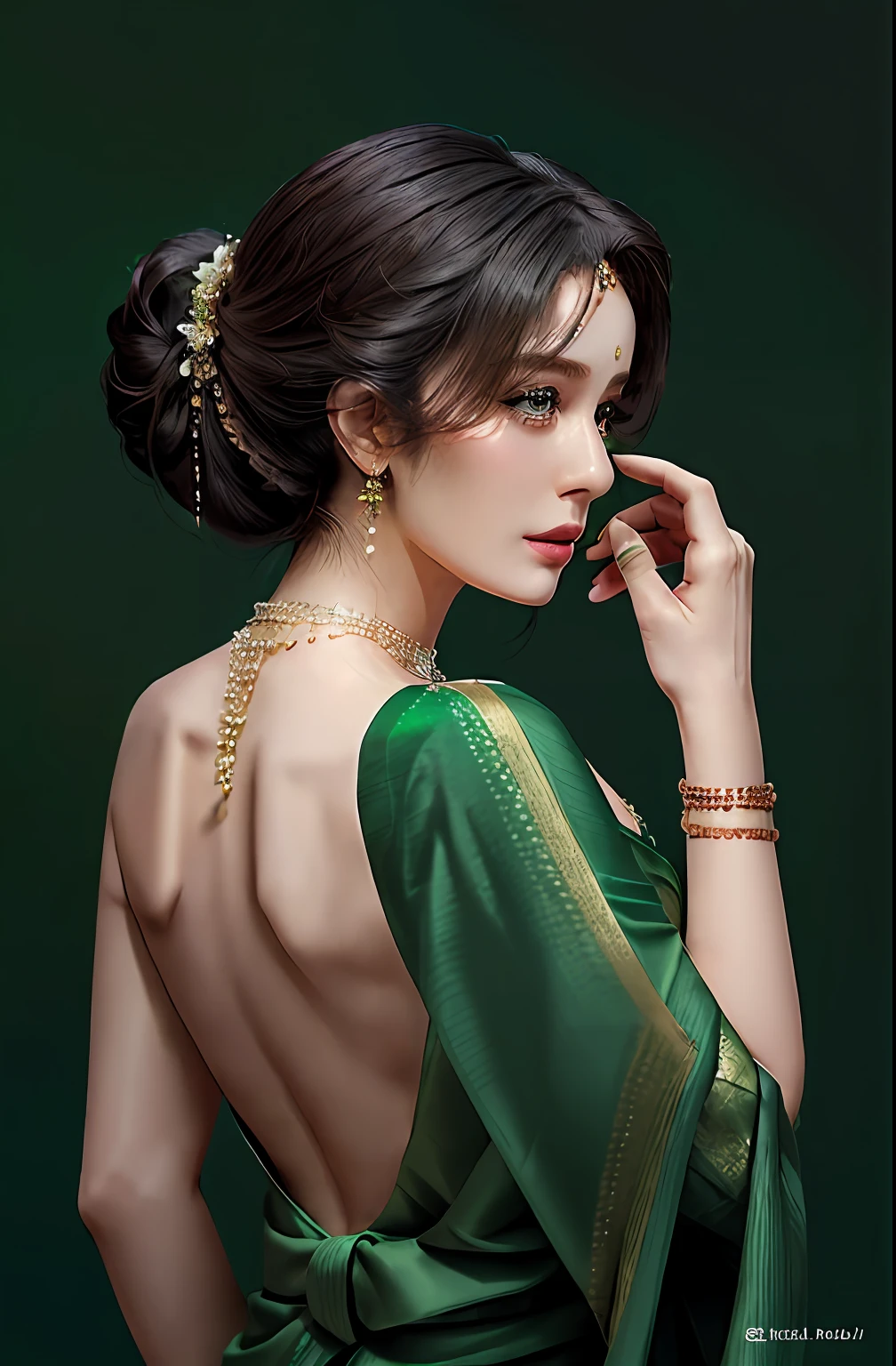 一名身穿绿色纱丽的女子正在摆姿势拍照, 从后面露出她的肩膀, elegant 侧面姿势, 看着她的肩膀, 侧面姿势, 摆出优雅的姿势, 侧姿势, 背部姿势, 演员, 从后面, 令人惊叹的优雅姿势, 侧面姿势, 侧面照,  侧面摆姿势, 时尚姿势, 迷人姿势, 侧视图性感身材