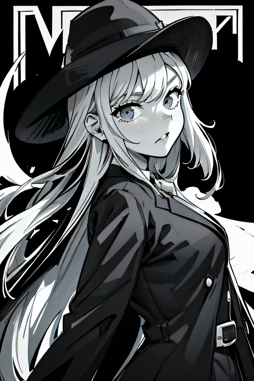 Anime girl with long white hair wearing a black hat, marisa kirisame, black and white manga style, black and white manga, kirisame marisa, 4 k manga wallpaper, black and white manga comic, zerochan art, Witch Girl, witch academia, digital art from danganronpa, portrait of a young witch girl, striking manga artstyle