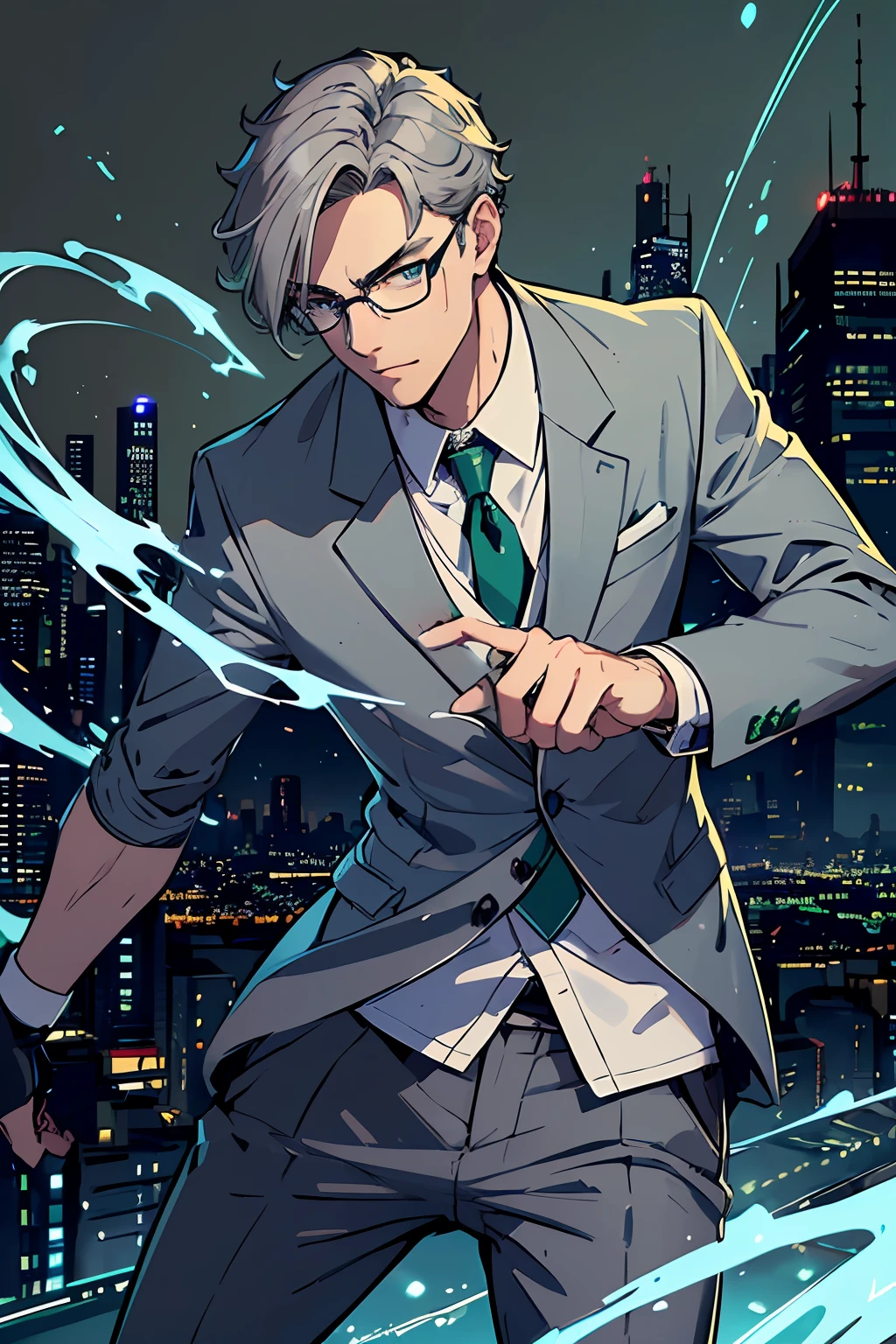 (high-quality illustration, masterpiece, best quality), handsome, cool boy, wearing glasses, (casual clothing + formal clothing:1.2), (blue eyes + green eyes:1.2), (dynamic pose:1.2), (bold lighting:1.1), (gray background + city night scene:1.2)