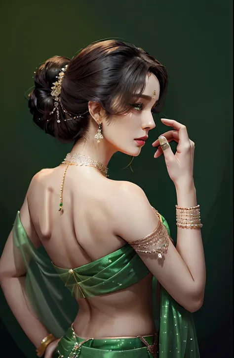 One women in green saree posing for a photo, showing her shoulder from back, elegant profile pose, looking her shoulder, profile...