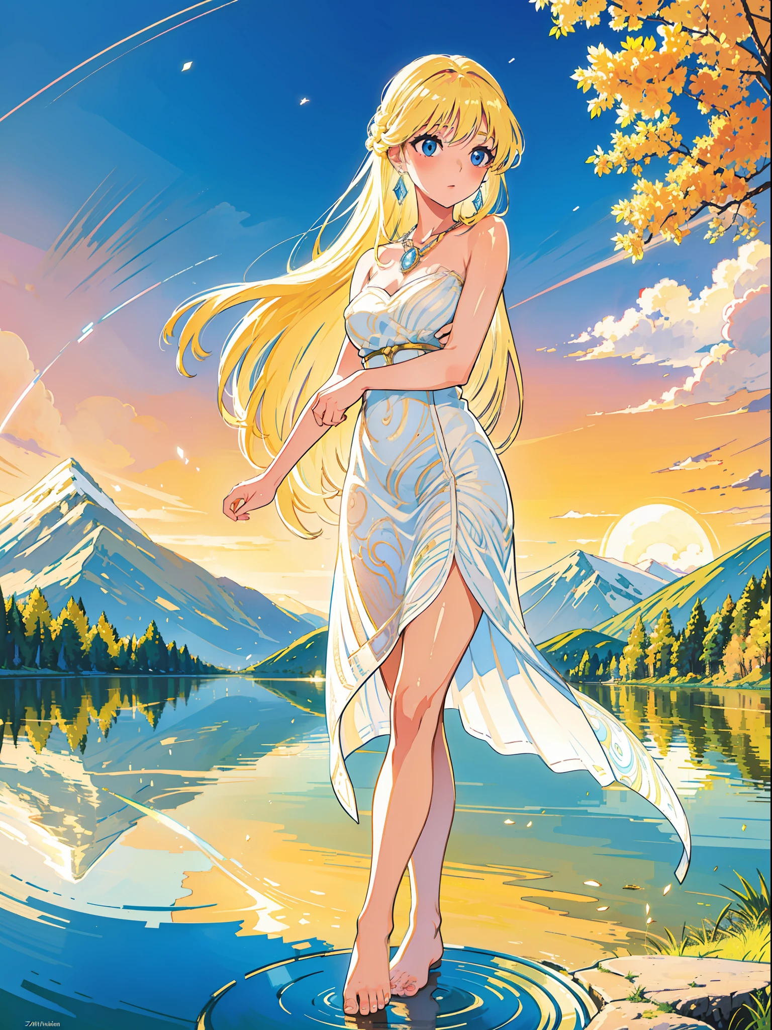 1 girl, light blonde hair, serene expression, mesmerizing eyes, straight long hair, ((completely naked, fully naked)), poised posture, porcelain skin, subtle blush, blue crystal pendant, earring, golden hour, (rim lighting):1.2, warm tones, sun flare, soft shadows, vibrant colors, painterly effect, dreamy atmosphere, scenic lake, distant mountains, willow tree, calm water, reflection, sunlit clouds, peaceful ambiance, idyllic sunset, flat art, ultra detailed, official art, unity 8k wallpaper, zentangle, mandala