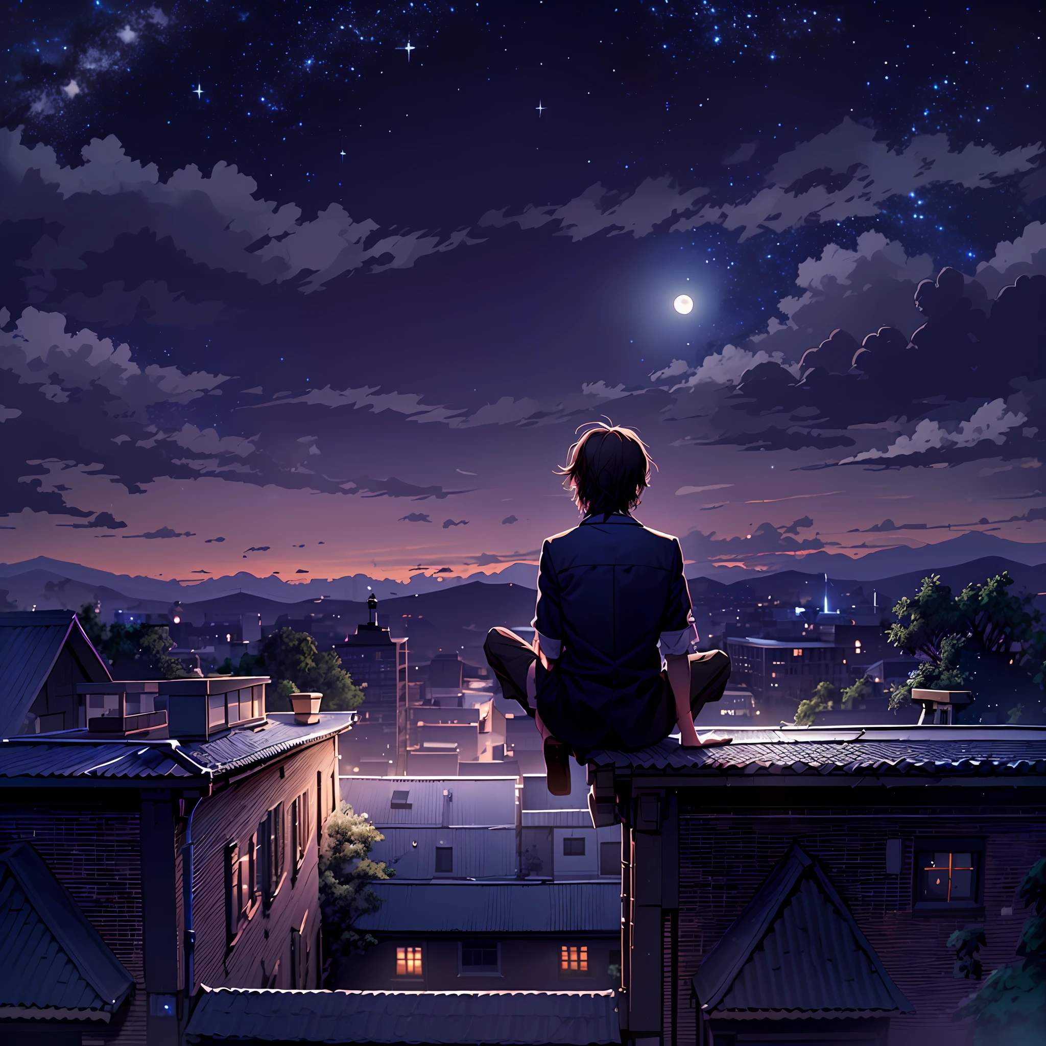 Backview of a doctor boy นั่ง in the top of a roof. ออคแทน, ท้องฟ้า, ดาว (ท้องฟ้า), ทิวทัศน์, ดาวry ท้องฟ้า, กลางคืน, กลางคืน ท้องฟ้า, ตามลำพัง, กลางแจ้ง, อาคาร, คลาวด์, ทางช้างเผือก, นั่ง, ต้นไม้, ผมยาว, เมือง, ภาพเงา, เมืองscape. There are ดาวs moon ทางช้างเผือก in the ท้องฟ้า.