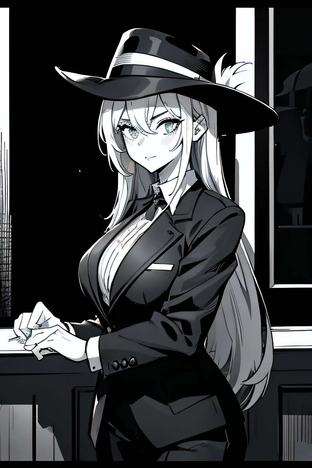 Une fille d'anime portant un chapeau noir et un costume noir, flirty anime sorcière casting magie, Marisa Kirisame, détective noir et un fedora, du milieu universitaire cryptide, dans un costume strict, dans un costume strict, fille anime séduisante, Anya de la famille Spy X, des filles de première ligne, style manga noir et blanc, université des sorcières, Style de collection Kantai