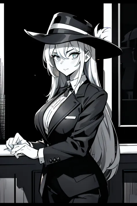 Anime girl in black hat and black suit, flirty anime witch casting magic, marisa kirisame, noir detective and a fedora, from cry...
