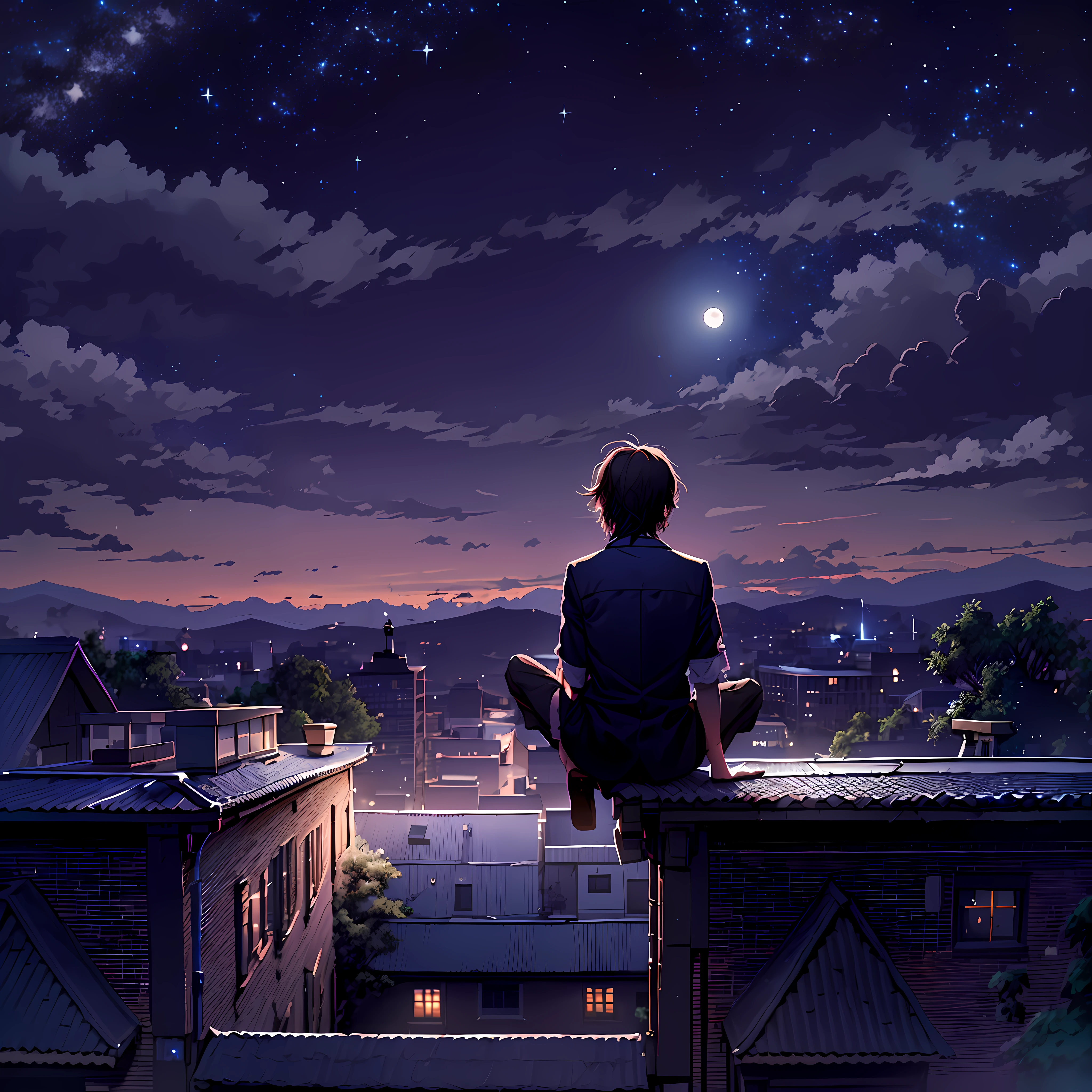 Backview of a doctor boy sitting in the top of a roof. octans, sky, star (sky), scenery, starry sky, night, night sky, solo, outdoors, building, cloud, milky way, sitting, tree, long hair, city, silhouette, cityscape. There are stars moon milky way in the sky.