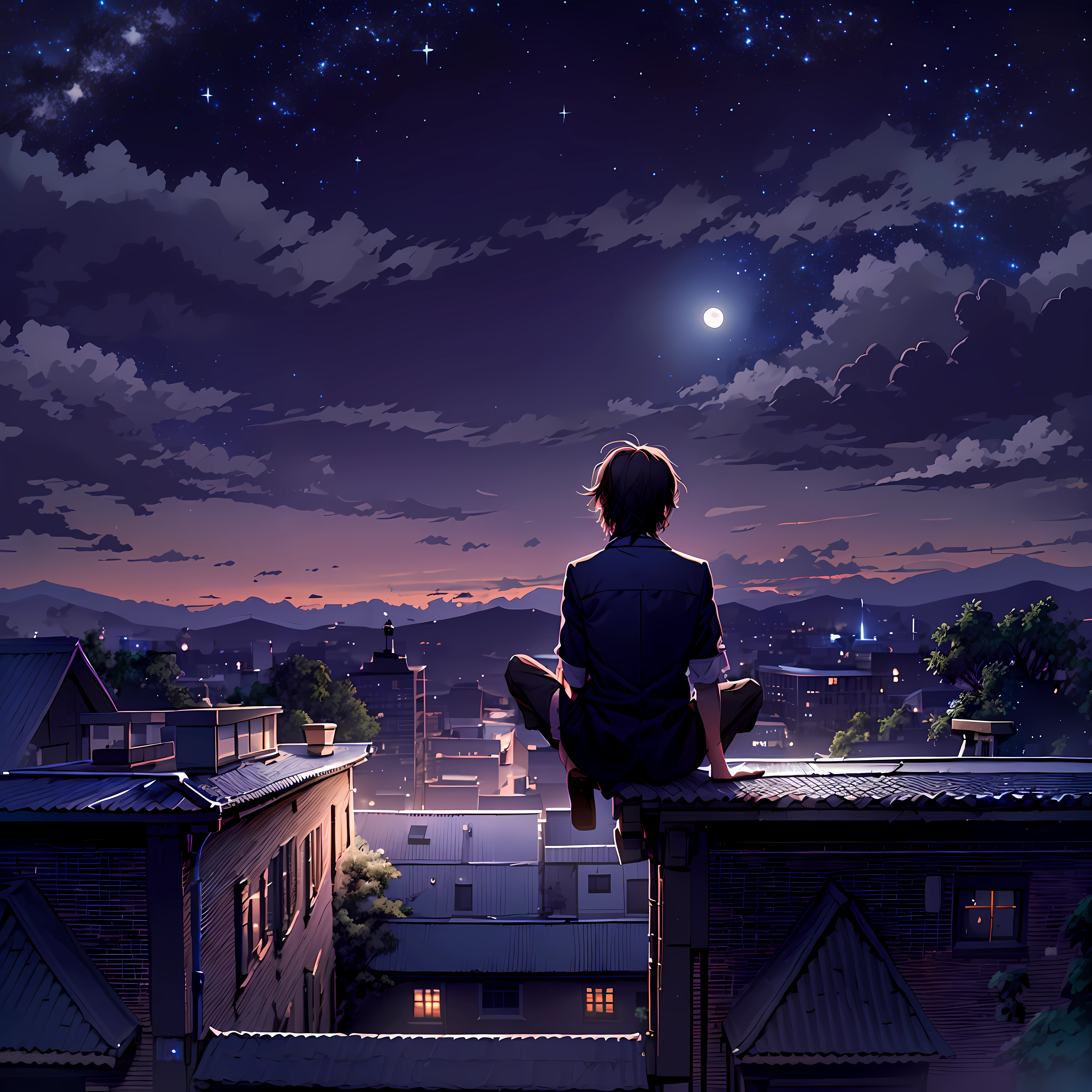 Backview of a doctor boy 坐著 in the top of a roof. 辛烷值, 天空, 星星 (天空), 風景, 星星ry 天空, 夜晚, 夜晚 天空, 獨自的, 戶外, 大樓, 雲, 銀河系, 坐著, 樹, 長髮, 城市, 輪廓, 城市scape. There are 星星s moon 銀河系 in the 天空.