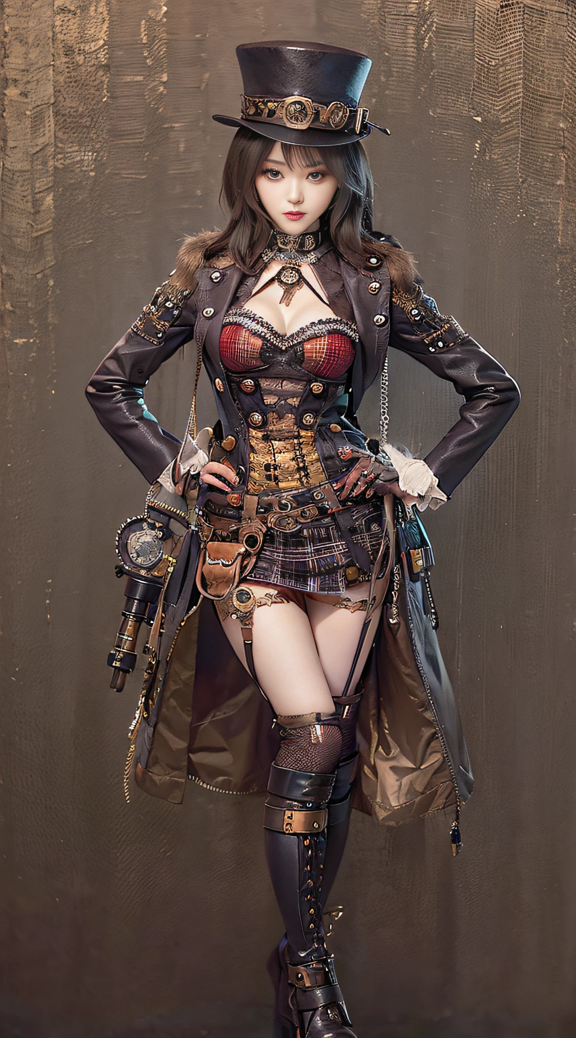 Alafe em traje de couro preto posando para foto、cinta-liga、(Minissaia marrom com estampa xadrez)、Garota pin-up steampunk、Garotas steampunk、steampunk linda mulher anime、(figura altamente detalhada)、Linda Deusa do Steampunk、steampunk ciberpunk、Vestindo fantasias steampunk、usando um vestido steampunk detalhado、Retrato em close-up、garota inventora steampunk、