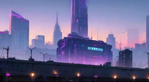 ciberpunk, City, city   of the future, Futurism, Blue and purple shades, Lovely, Detailed buildings, Very tall and majestic, n...