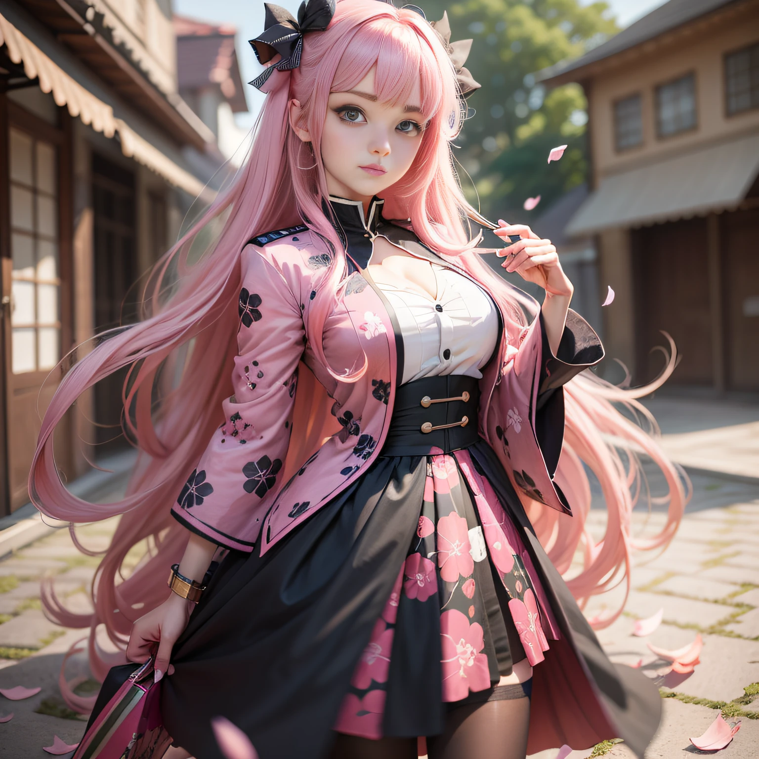 um close up de uma mulher com pink  hair e comprido, hair fluttering, sitting on a bench near a lake, アニメ menina cosplay, , アニメ cosplay, sedutora アニメ girl, wearing a seductive kimono with a low cut at the bust showing off her bust, bela mulher アニメ sedutora, アニメ, Kimetsu no Yaiba, menina アニメ bonita,  アニメ na vida real, Mergurine Luka, アニメ inspirado, bela mulher アニメ, sakura petals around her, uniforme do kimetsu no yaiba, hashira, Mitsuri Kanroji, mulher アニメ,  アニメ, pink  hair, pink  hair pink, The last Kimetsu no Yaiba, Full body commission for アニメ, realistic hyper realistic texture, photo realist, ultra detaild, no drawing edges