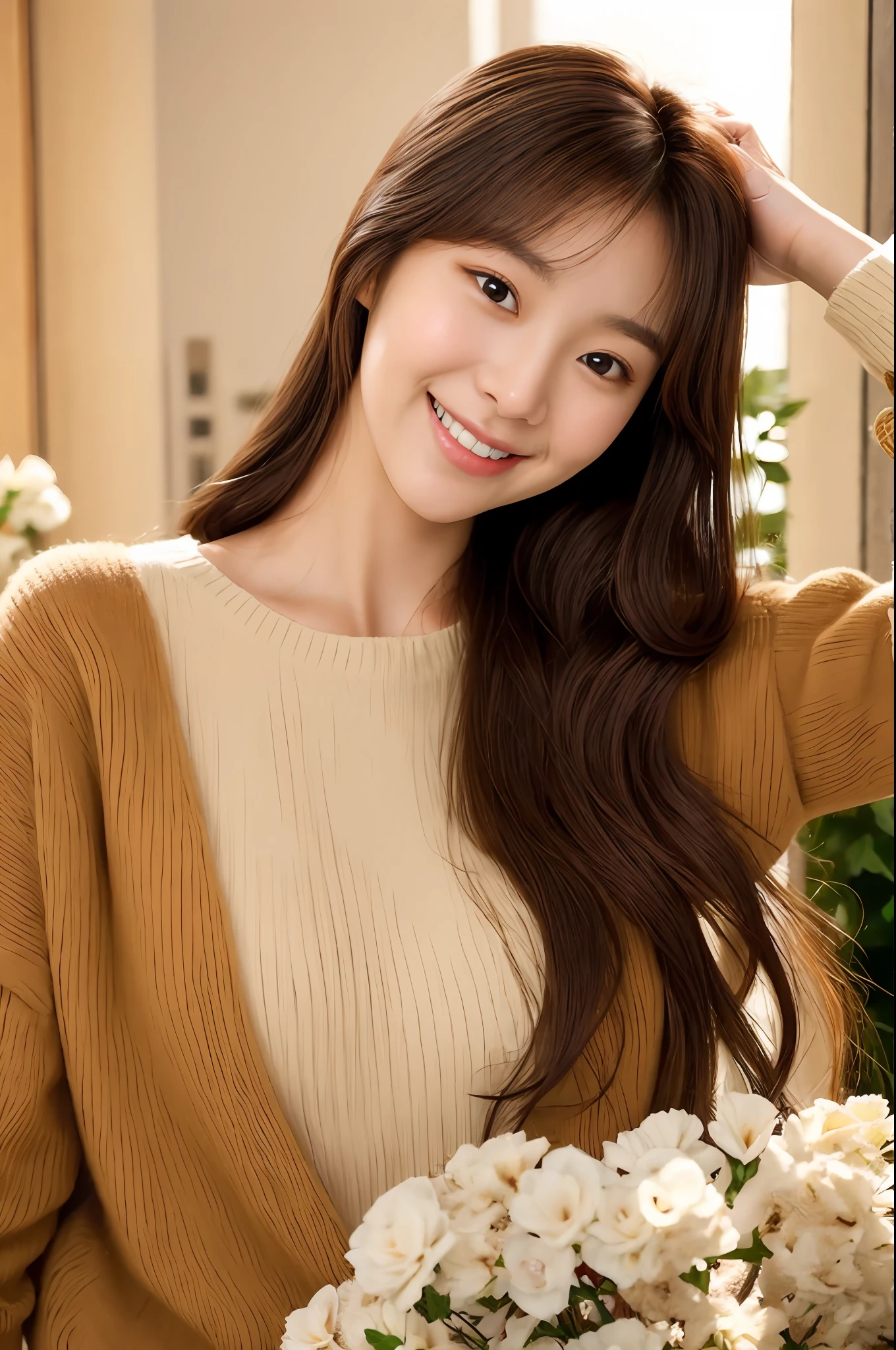 mulher arafed com longos cabelos castanhos e um suéter bronzeado, sorriso caloroso e gentil, jovem adorável rosto coreano, jaeyeon nam, sorrindo docemente, linda atriz coreana, leve sorriso fofo, Ulzzang, Lee Ji-eun, Lee Ji-eun, jovem rosto asiático pálido e bonito, Sorriso inocente, cabelo arrumado com franja, Jinyoung Shin, Sorriso amável, sorriso caloroso