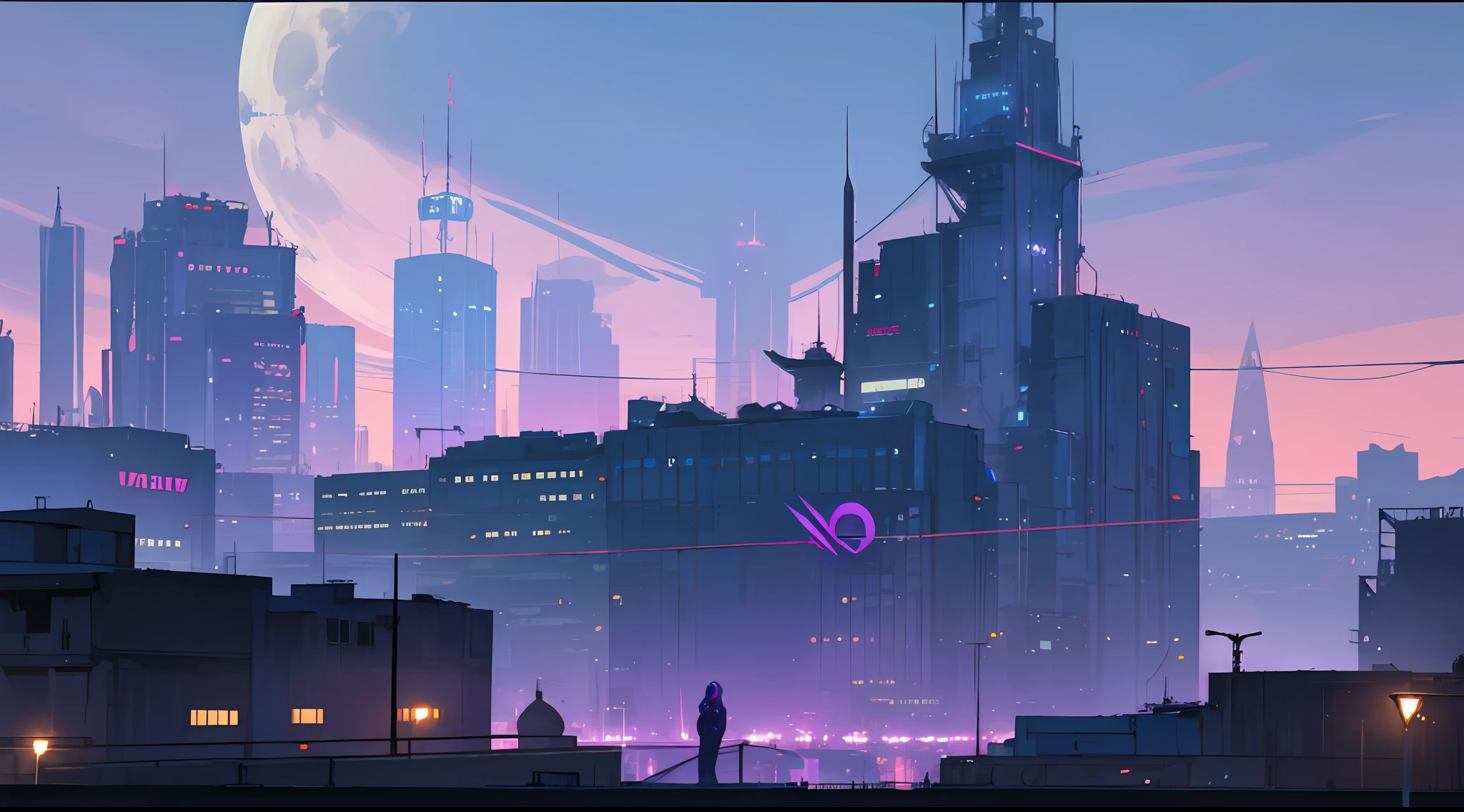 ciberpunk, City, city   of the future, Futurism, blue and purple shades, Lovely, Detailed buildings, Very tall and majestic, night time, beautiody, beautiody, billboards, a big moon