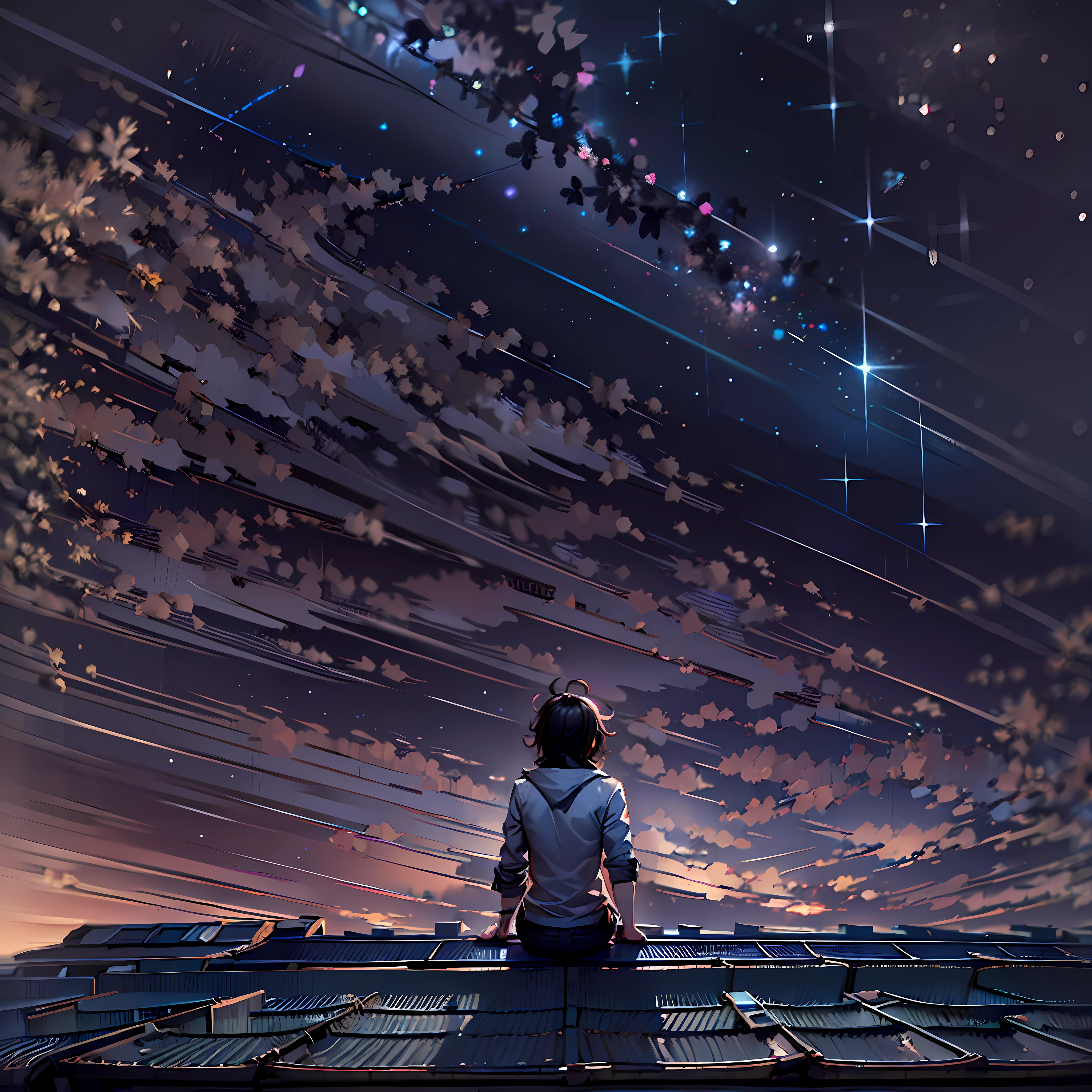 Backview of a doctor boy sitting in the top of a roof. octans, sky, star (sky), scenery, starry sky, night, night sky, solo, outdoors, building, cloud, milky way, sitting, tree, long hair, city, silhouette, cityscape. There are stars moon milky way in the sky. There
